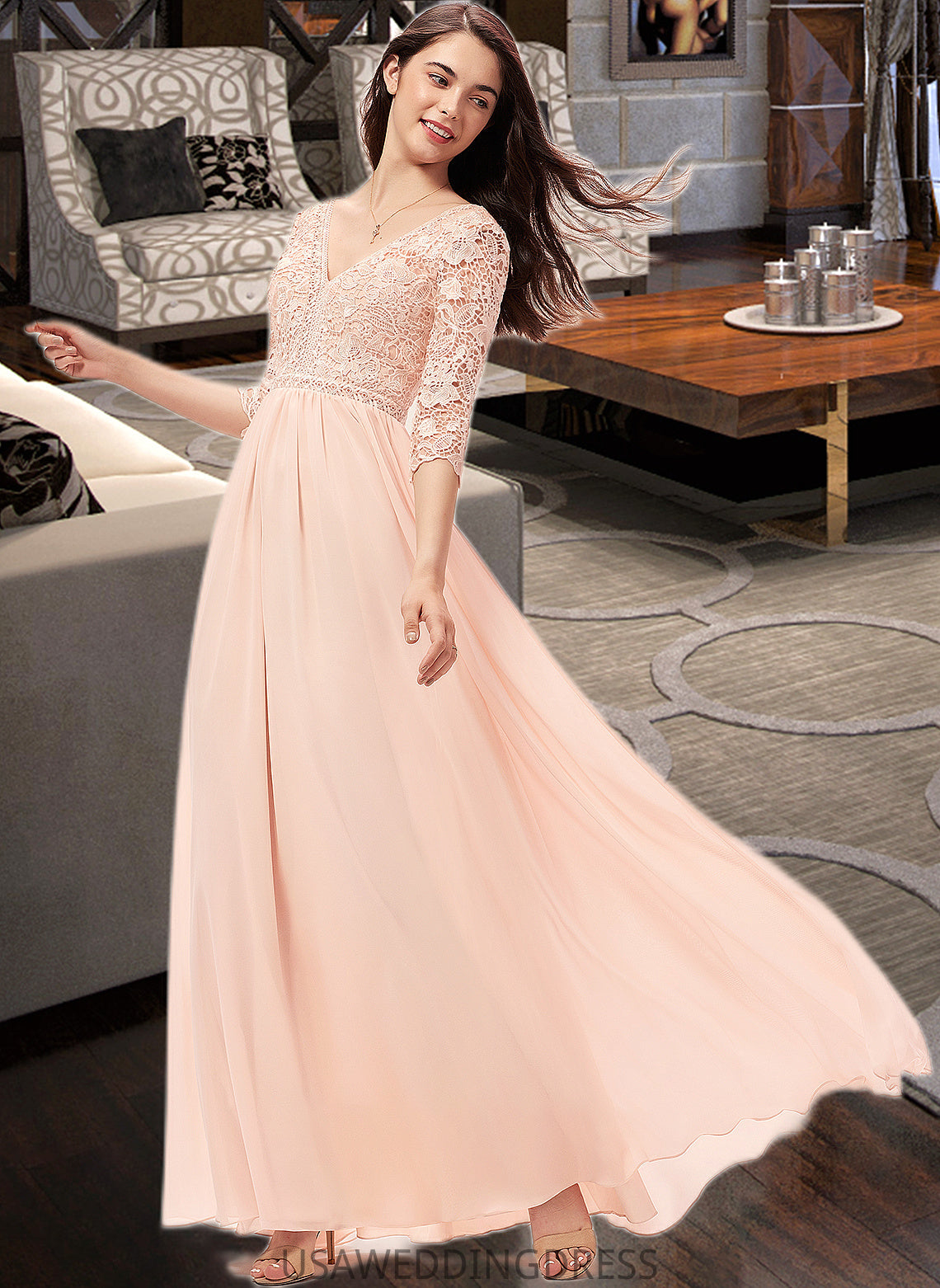 Moira A-line V-Neck Floor-Length Chiffon Lace Bridesmaid Dress DSP0013062