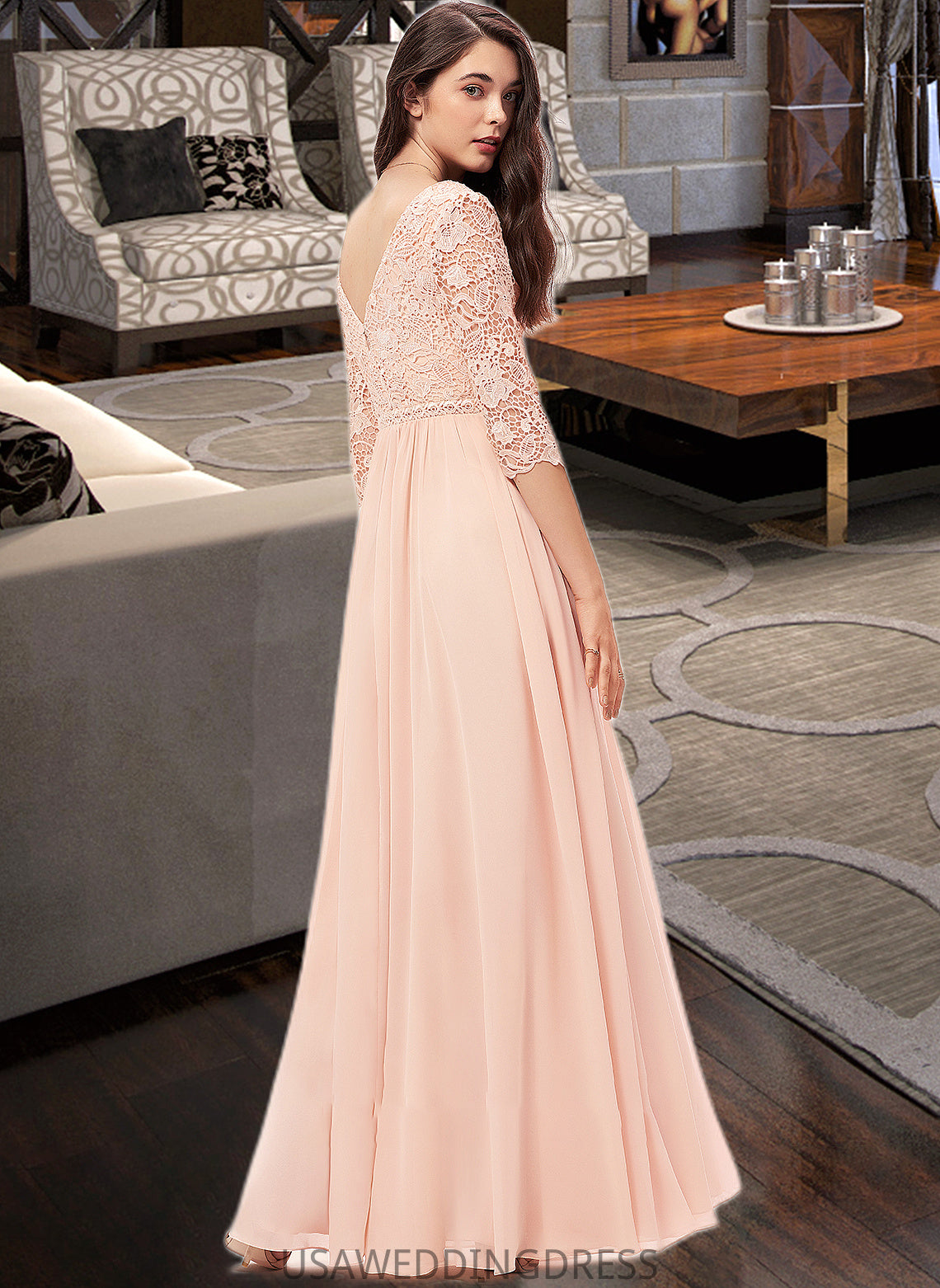 Moira A-line V-Neck Floor-Length Chiffon Lace Bridesmaid Dress DSP0013062