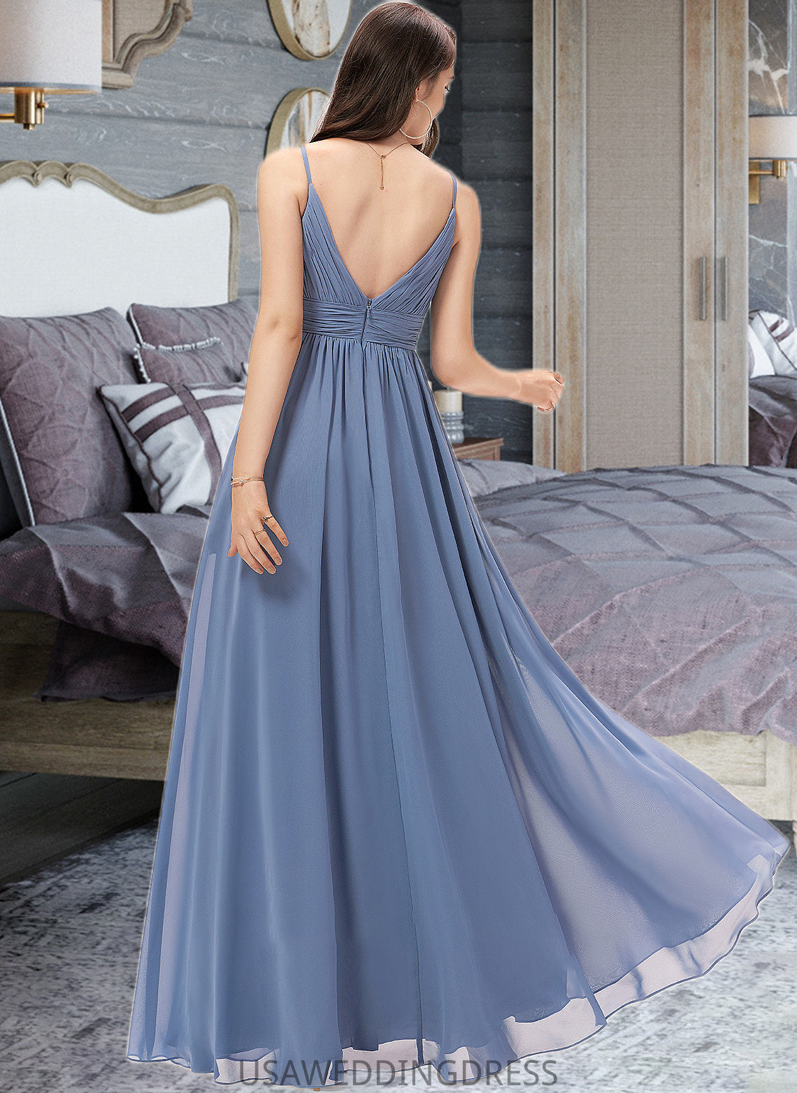 Lillianna A-line V-Neck Floor-Length Chiffon Bridesmaid Dress DSP0013063