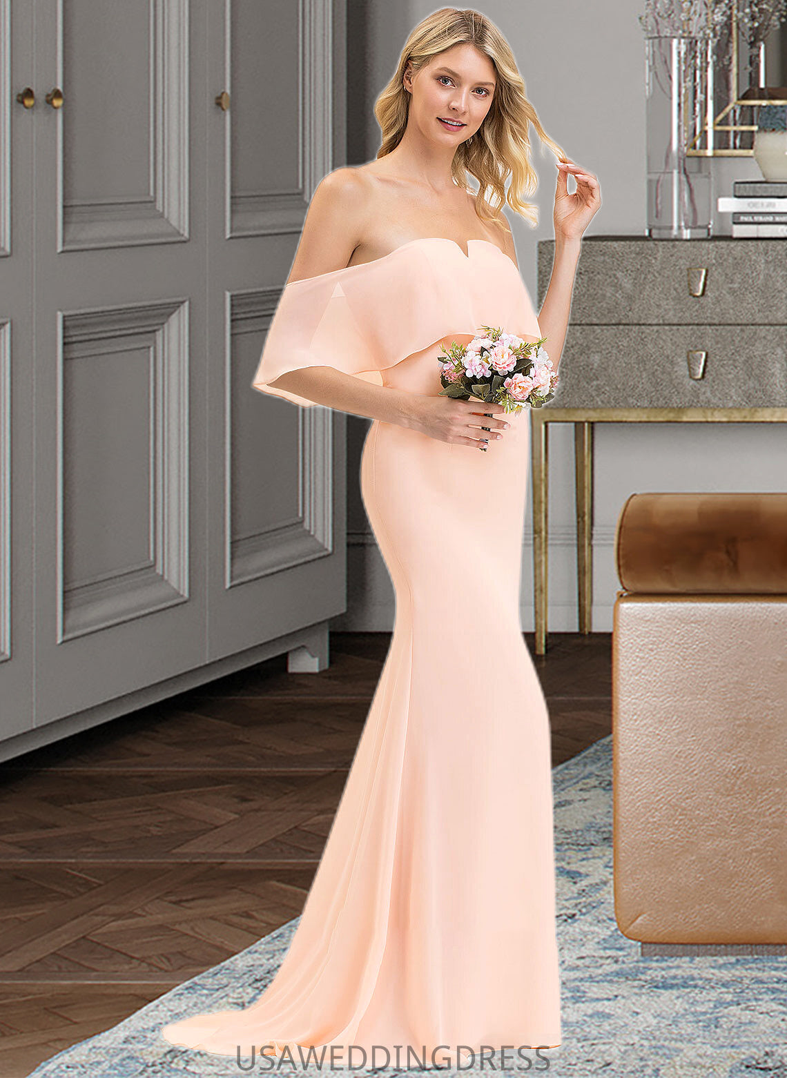 Tess Trumpet/Mermaid Off the Shoulder Sweep Train Chiffon Bridesmaid Dress DSP0013064