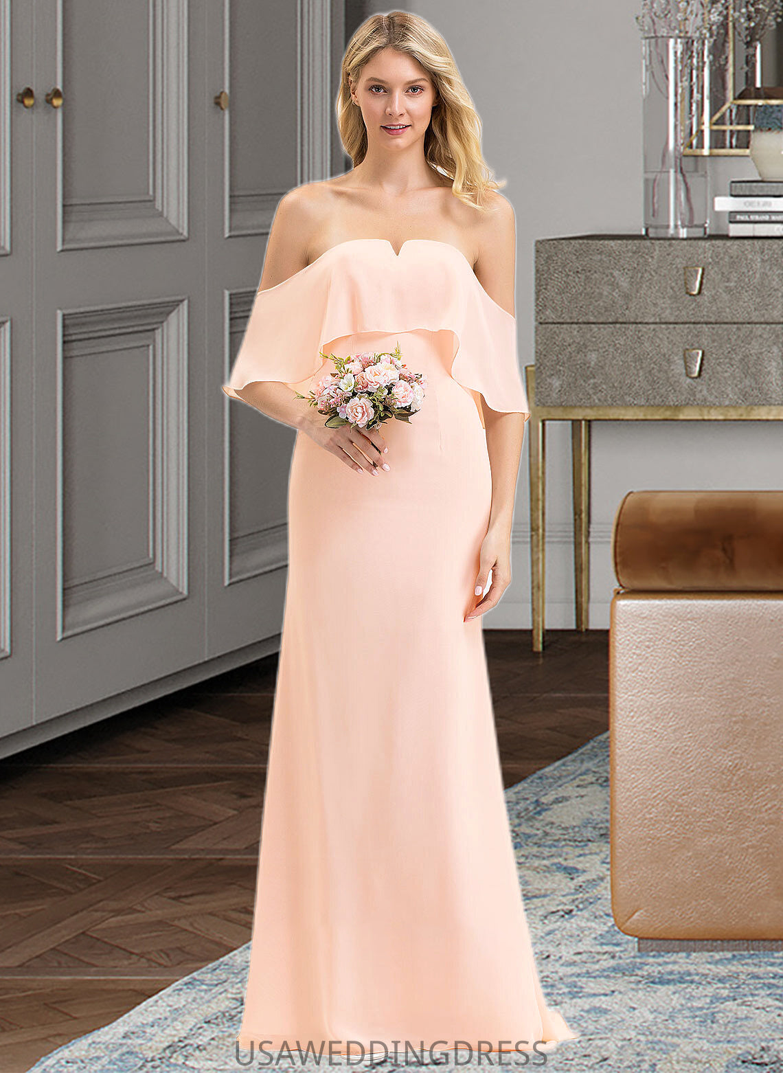 Tess Trumpet/Mermaid Off the Shoulder Sweep Train Chiffon Bridesmaid Dress DSP0013064