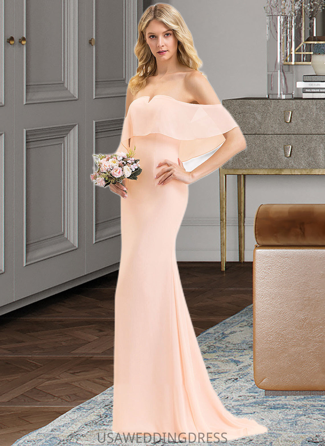 Tess Trumpet/Mermaid Off the Shoulder Sweep Train Chiffon Bridesmaid Dress DSP0013064