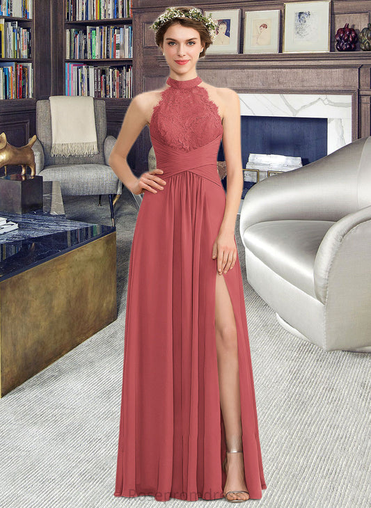 Isabel A-Line High Neck Floor-Length Chiffon Lace Bridesmaid Dress With Ruffle Split Front SRSP0013065