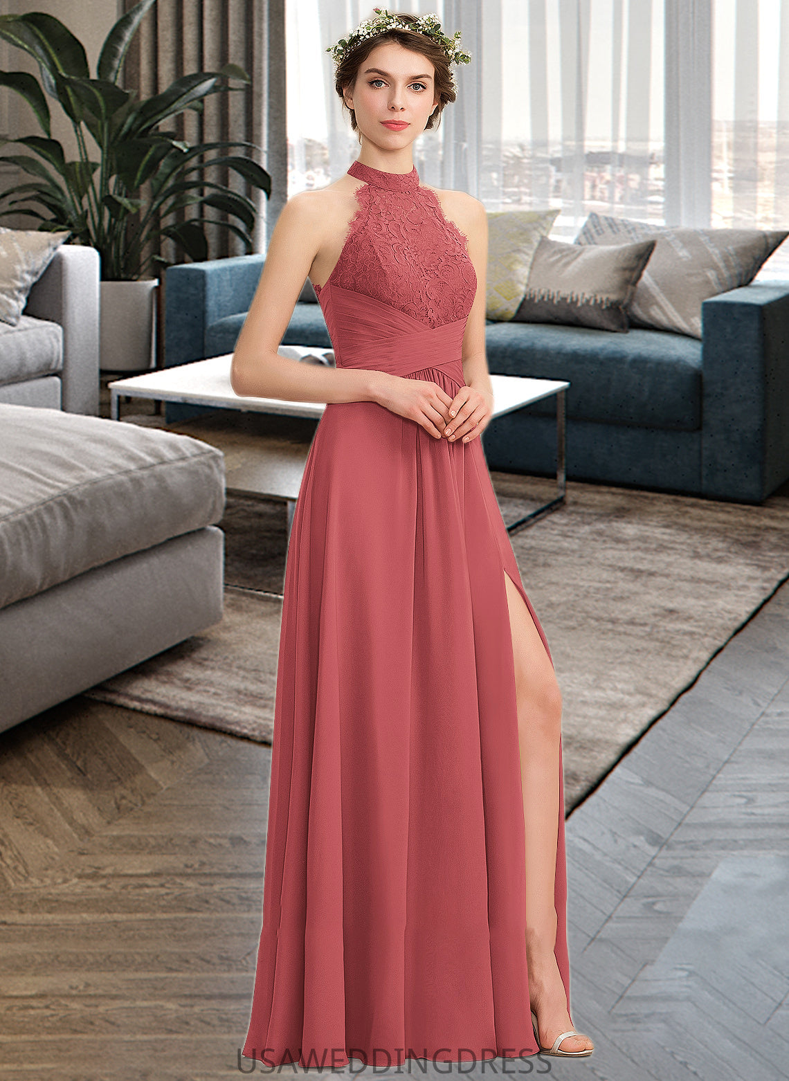 Imani A-Line High Neck Floor-Length Chiffon Lace Bridesmaid Dress With Ruffle Split Front DSP0013065