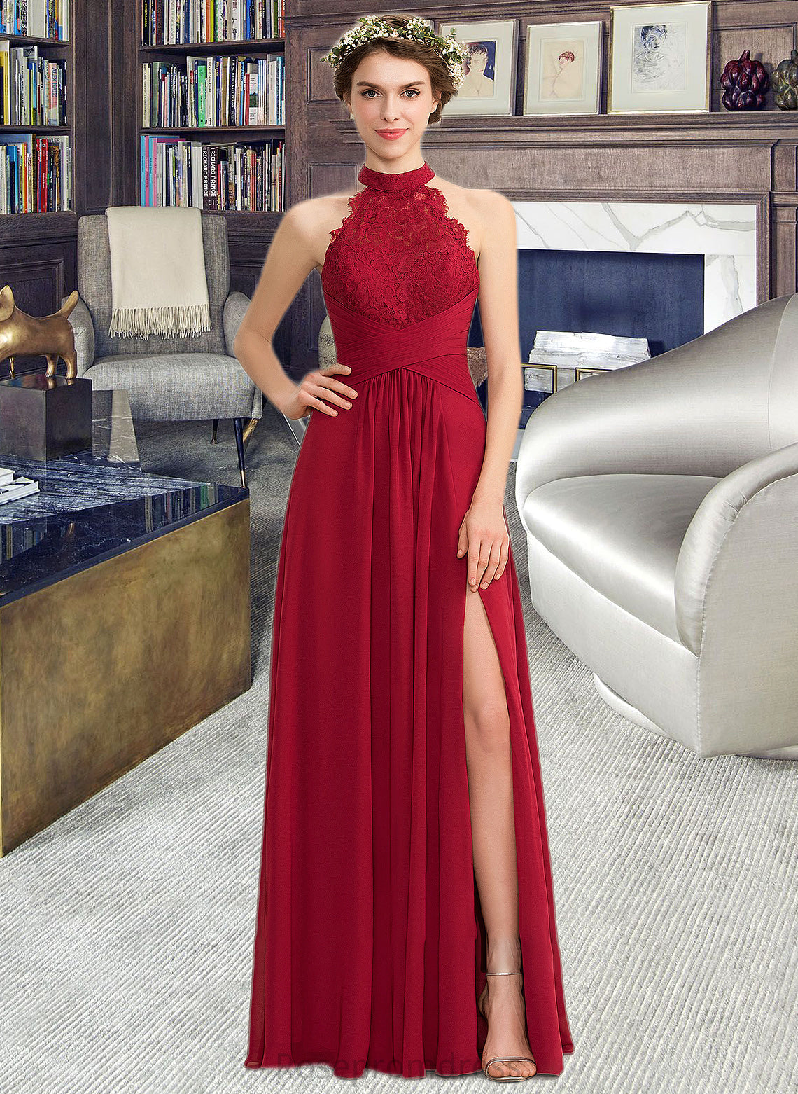 Isabel A-Line High Neck Floor-Length Chiffon Lace Bridesmaid Dress With Ruffle Split Front SRSP0013065