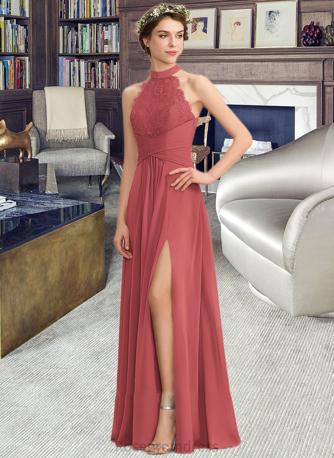 Isabel A-Line High Neck Floor-Length Chiffon Lace Bridesmaid Dress With Ruffle Split Front SRSP0013065