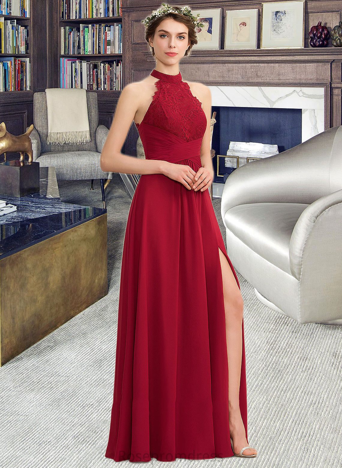 Isabel A-Line High Neck Floor-Length Chiffon Lace Bridesmaid Dress With Ruffle Split Front SRSP0013065