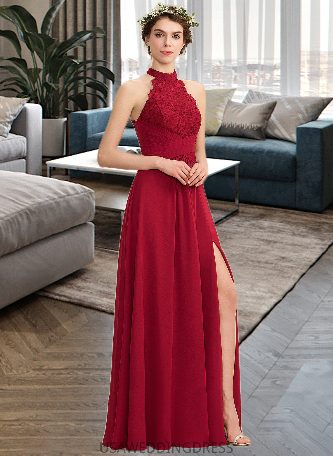 Imani A-Line High Neck Floor-Length Chiffon Lace Bridesmaid Dress With Ruffle Split Front DSP0013065