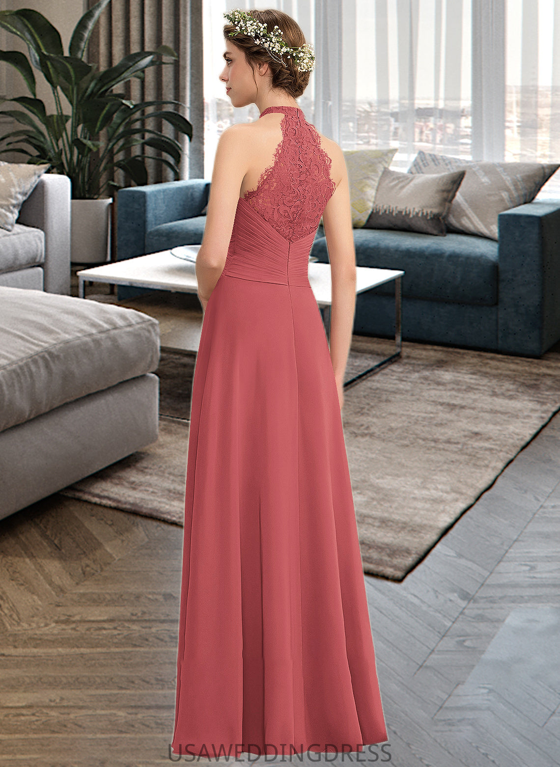 Imani A-Line High Neck Floor-Length Chiffon Lace Bridesmaid Dress With Ruffle Split Front DSP0013065