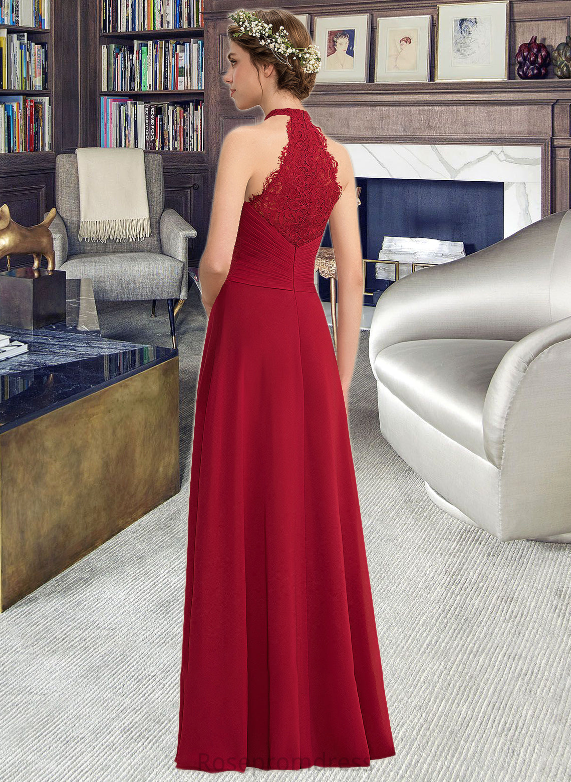 Isabel A-Line High Neck Floor-Length Chiffon Lace Bridesmaid Dress With Ruffle Split Front SRSP0013065