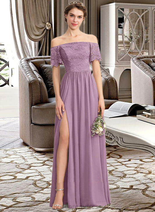 Elyse A-Line Off-the-Shoulder Floor-Length Chiffon Lace Bridesmaid Dress With Split Front SRSP0013066