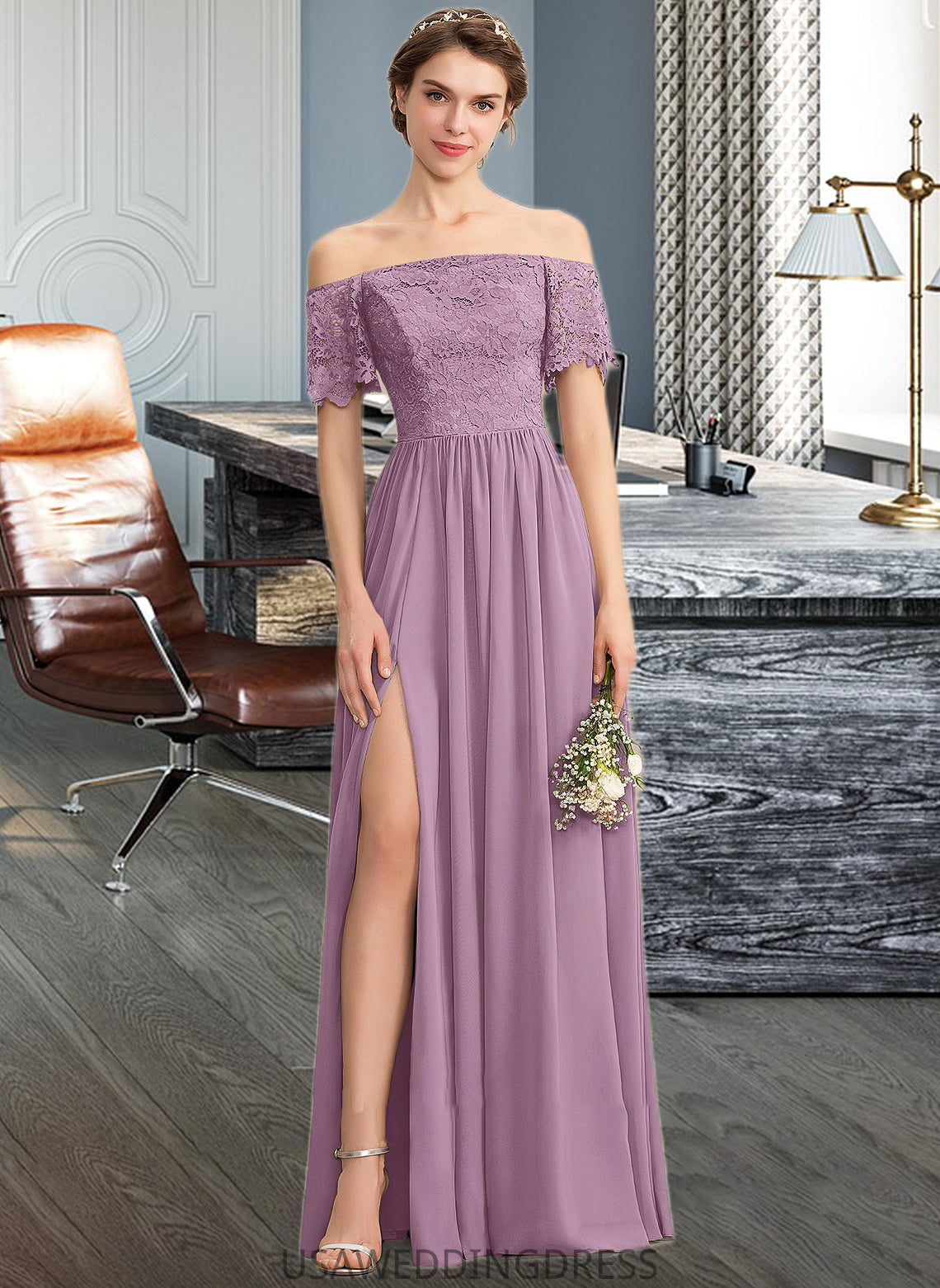 Kennedi A-Line Off-the-Shoulder Floor-Length Chiffon Lace Bridesmaid Dress With Split Front DSP0013066