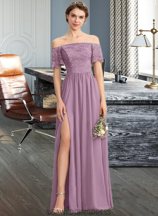 Kennedi A-Line Off-the-Shoulder Floor-Length Chiffon Lace Bridesmaid Dress With Split Front DSP0013066