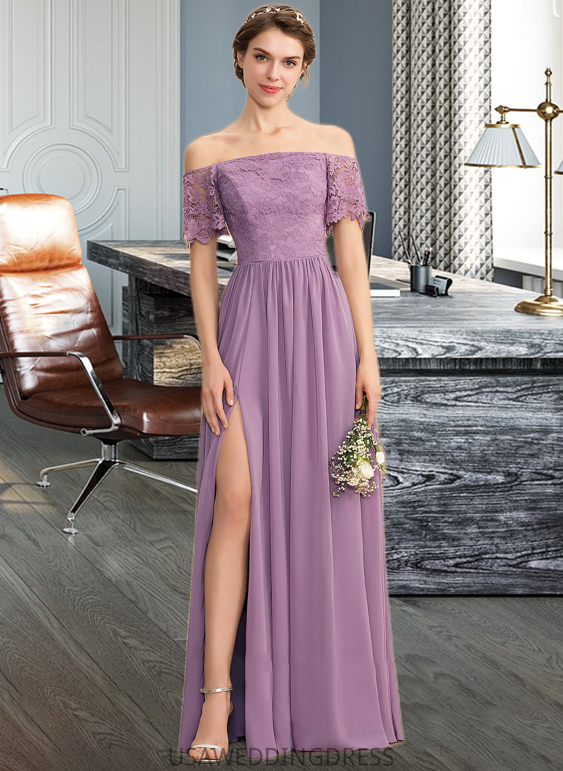 Kennedi A-Line Off-the-Shoulder Floor-Length Chiffon Lace Bridesmaid Dress With Split Front DSP0013066