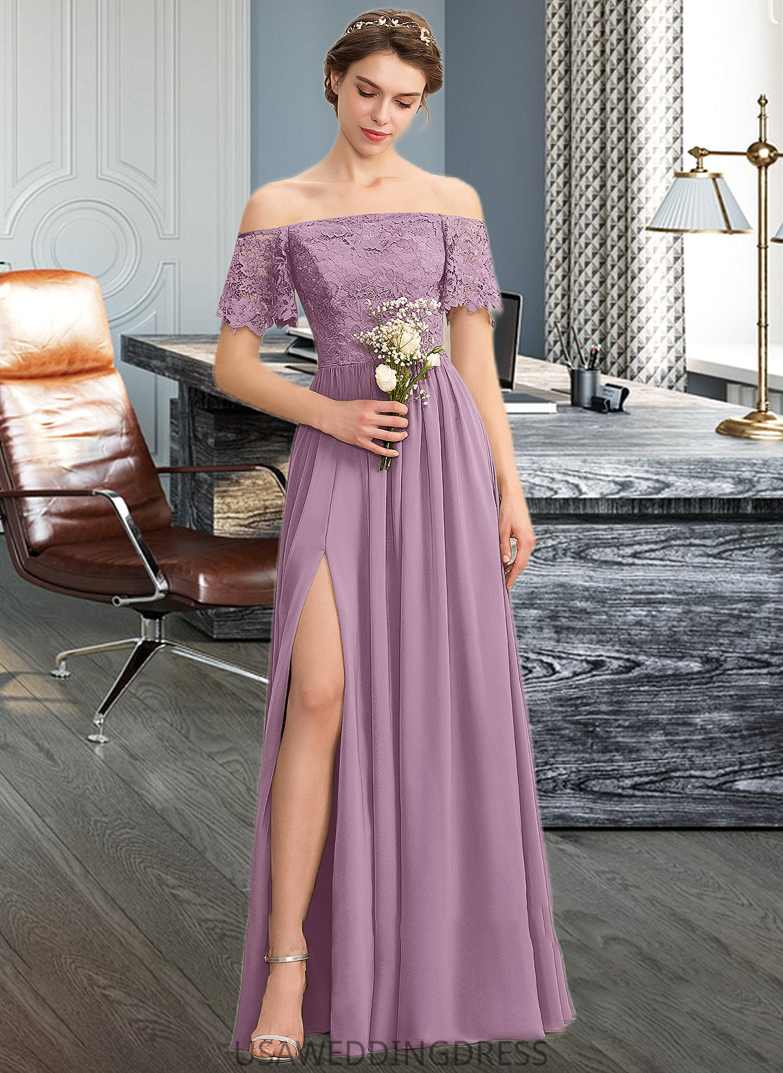 Kennedi A-Line Off-the-Shoulder Floor-Length Chiffon Lace Bridesmaid Dress With Split Front DSP0013066