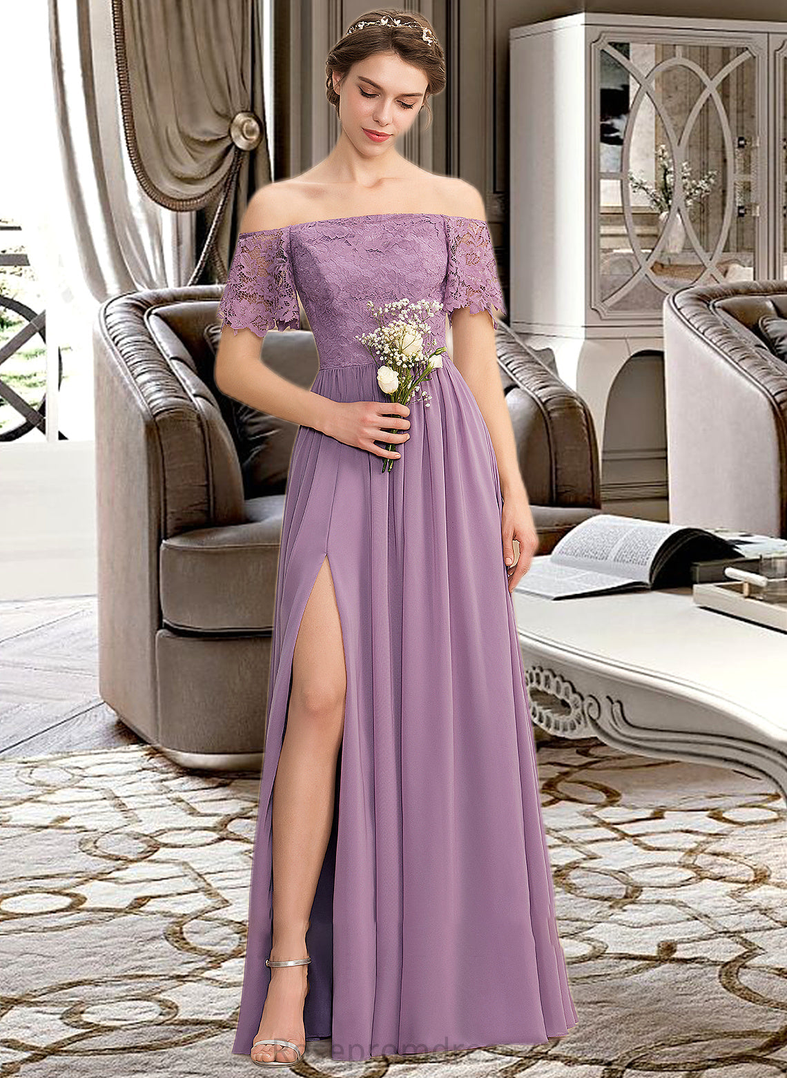 Elyse A-Line Off-the-Shoulder Floor-Length Chiffon Lace Bridesmaid Dress With Split Front SRSP0013066