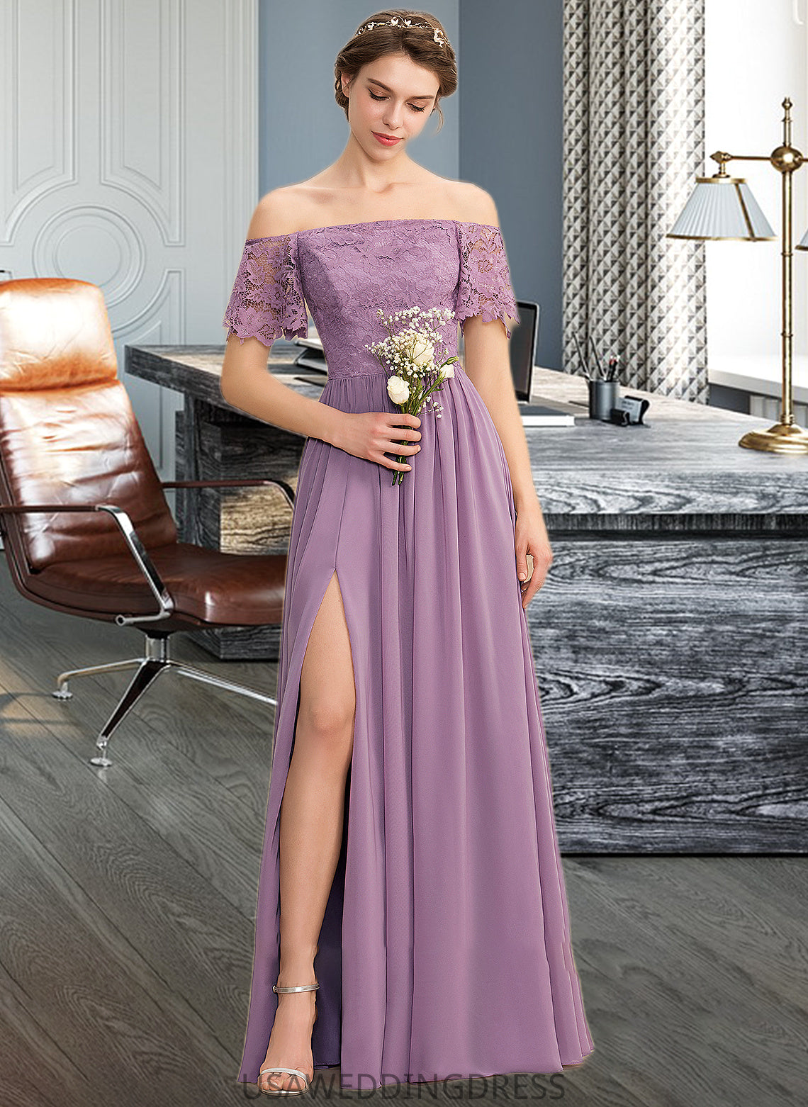 Kennedi A-Line Off-the-Shoulder Floor-Length Chiffon Lace Bridesmaid Dress With Split Front DSP0013066