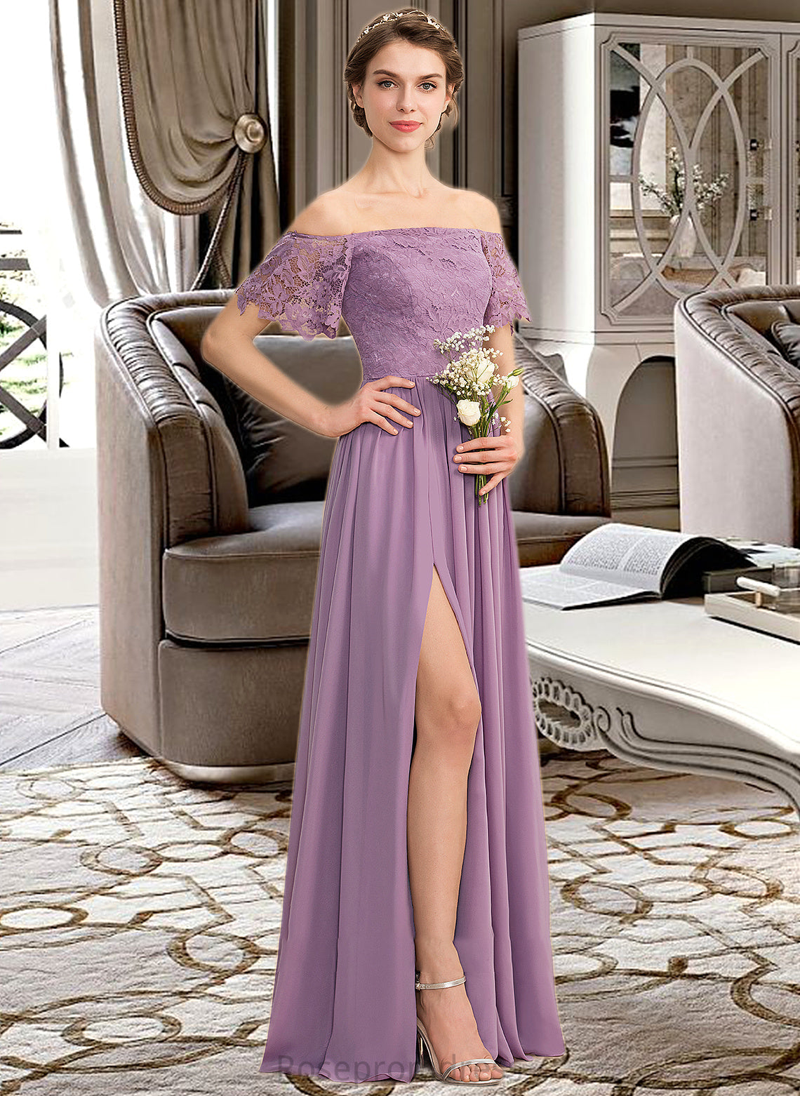 Elyse A-Line Off-the-Shoulder Floor-Length Chiffon Lace Bridesmaid Dress With Split Front SRSP0013066