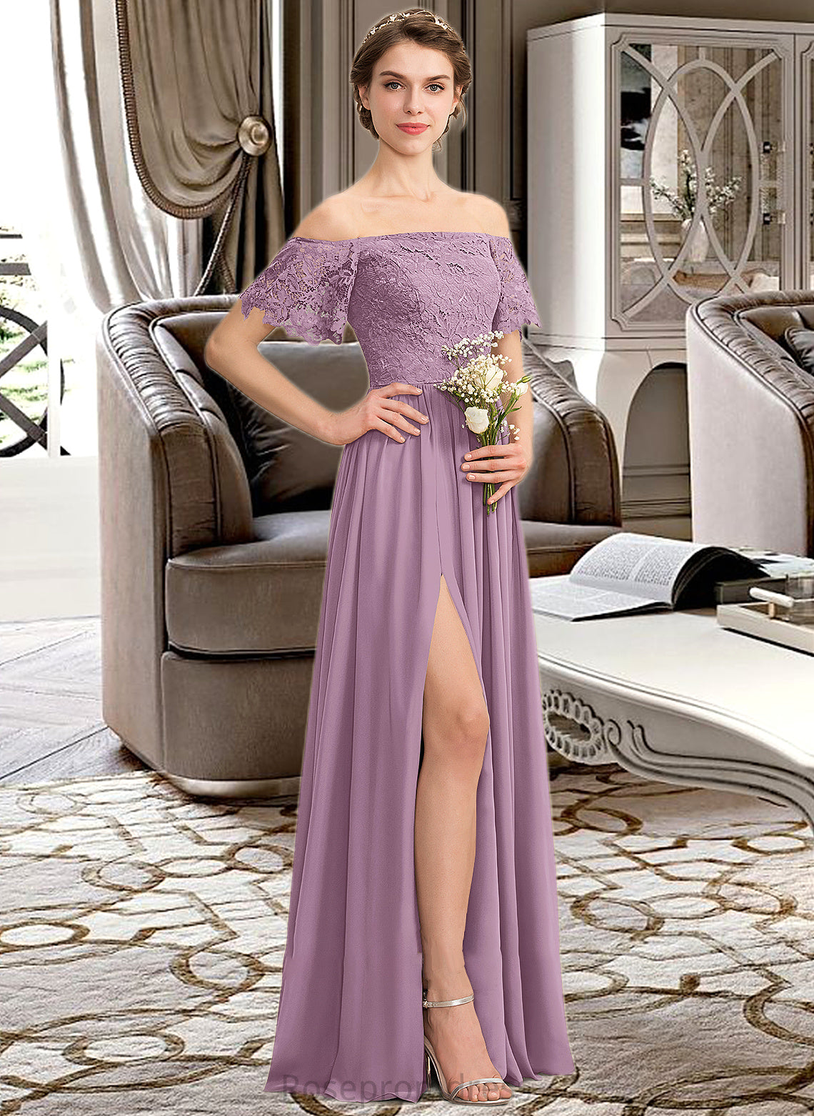 Elyse A-Line Off-the-Shoulder Floor-Length Chiffon Lace Bridesmaid Dress With Split Front SRSP0013066