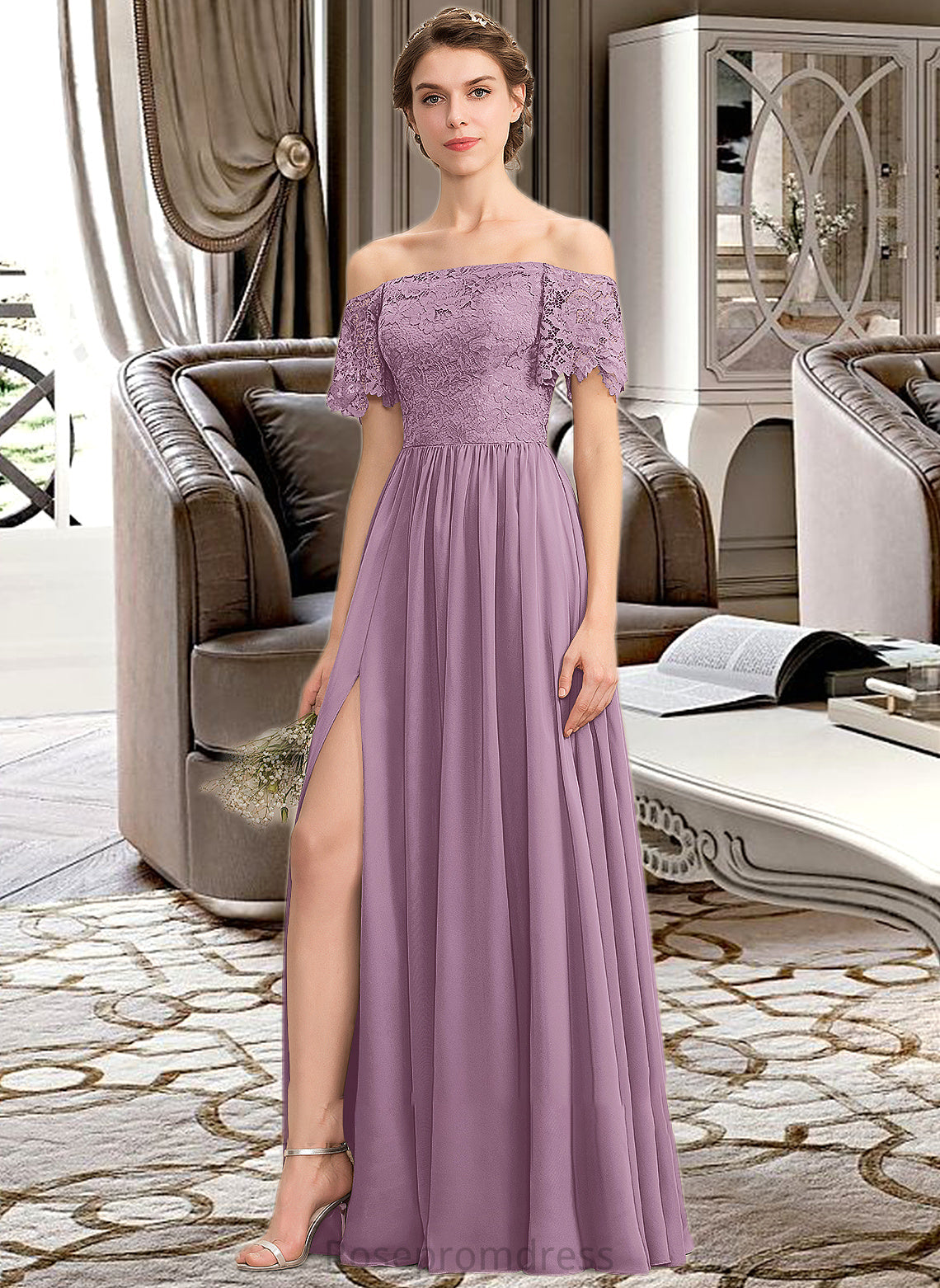Elyse A-Line Off-the-Shoulder Floor-Length Chiffon Lace Bridesmaid Dress With Split Front SRSP0013066