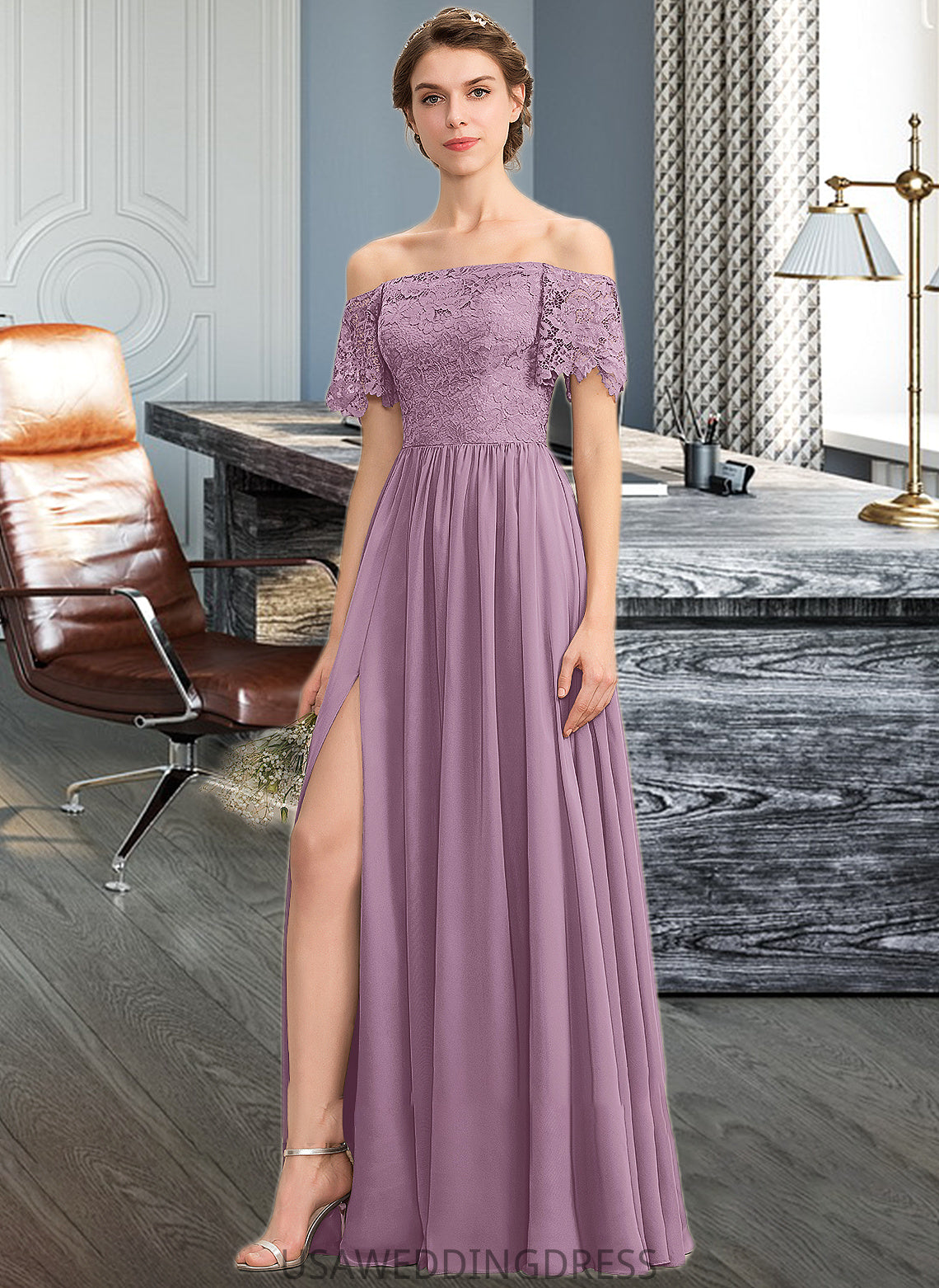 Kennedi A-Line Off-the-Shoulder Floor-Length Chiffon Lace Bridesmaid Dress With Split Front DSP0013066