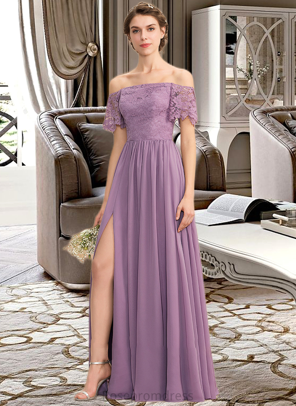 Elyse A-Line Off-the-Shoulder Floor-Length Chiffon Lace Bridesmaid Dress With Split Front SRSP0013066
