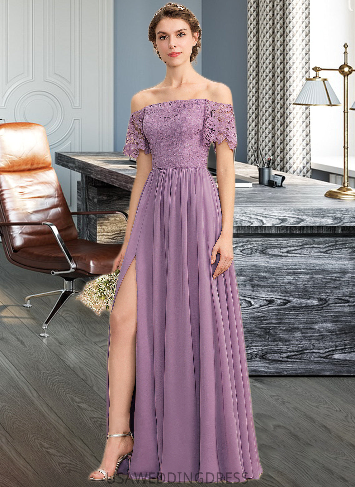 Kennedi A-Line Off-the-Shoulder Floor-Length Chiffon Lace Bridesmaid Dress With Split Front DSP0013066