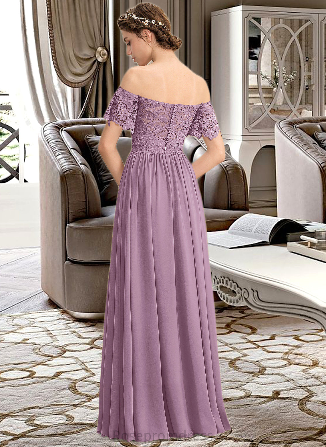 Elyse A-Line Off-the-Shoulder Floor-Length Chiffon Lace Bridesmaid Dress With Split Front SRSP0013066