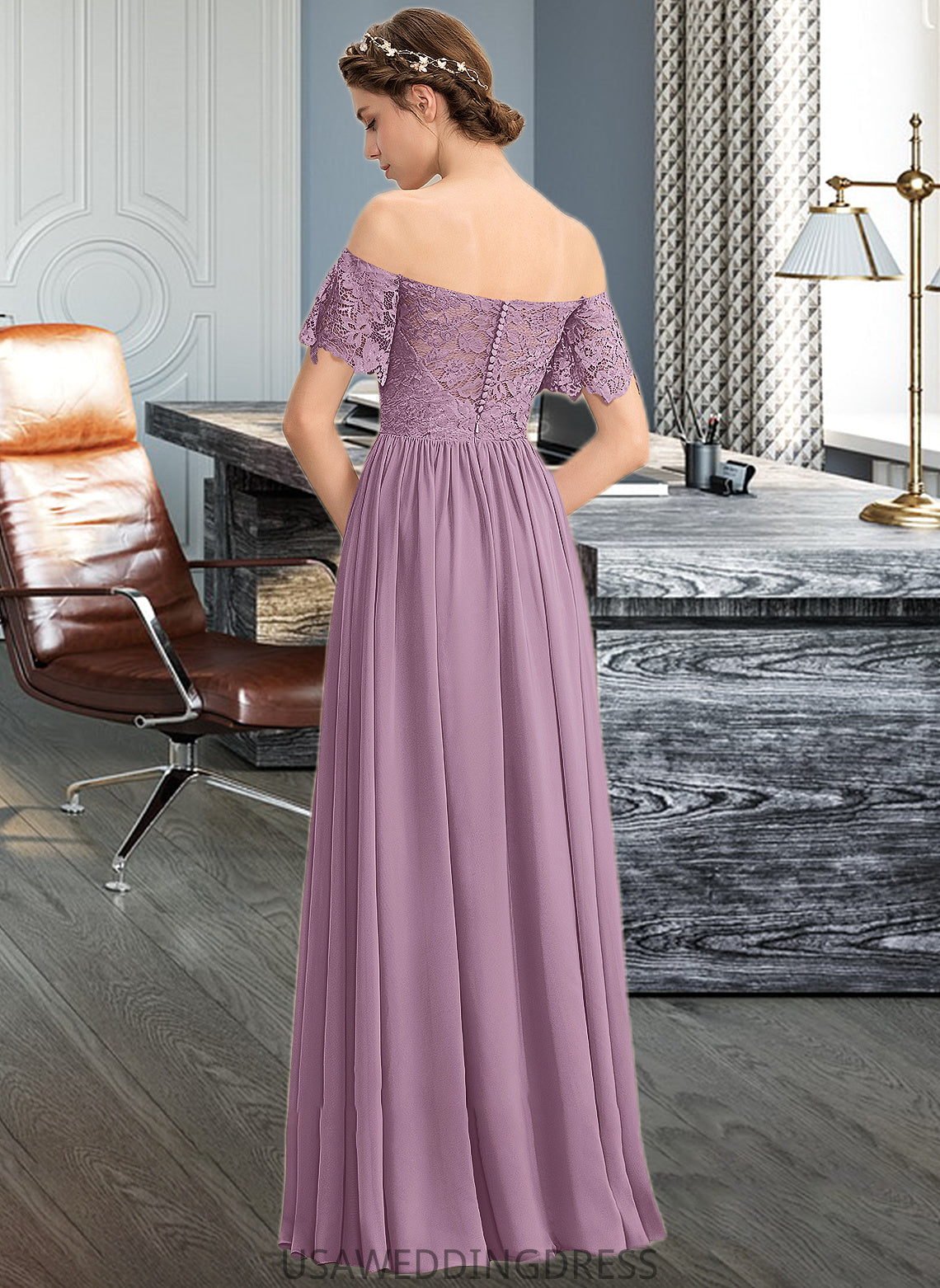 Kennedi A-Line Off-the-Shoulder Floor-Length Chiffon Lace Bridesmaid Dress With Split Front DSP0013066