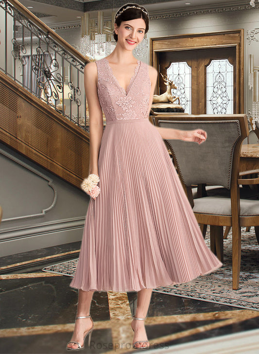 Elva A-Line V-neck Tea-Length Chiffon Lace Bridesmaid Dress With Pleated SRSP0013067