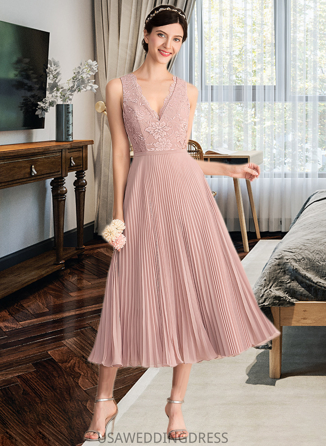 Magdalena A-Line V-neck Tea-Length Chiffon Lace Bridesmaid Dress With Pleated DSP0013067