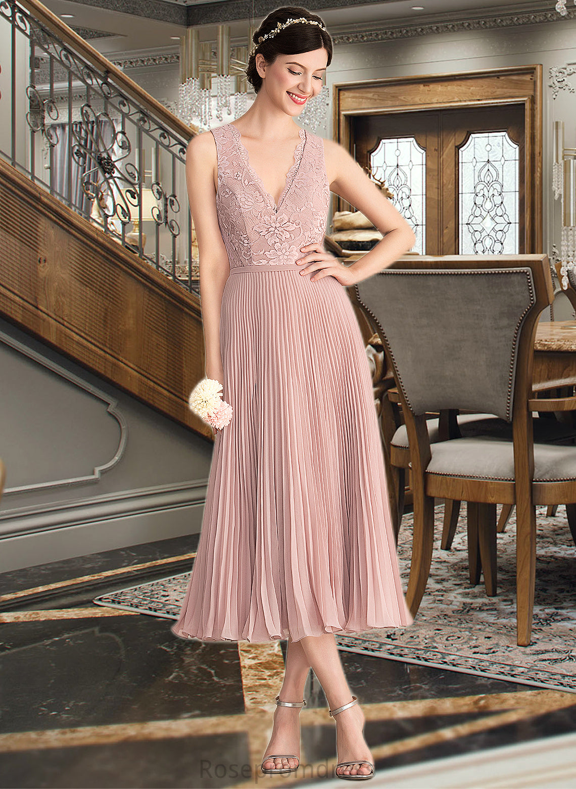 Elva A-Line V-neck Tea-Length Chiffon Lace Bridesmaid Dress With Pleated SRSP0013067