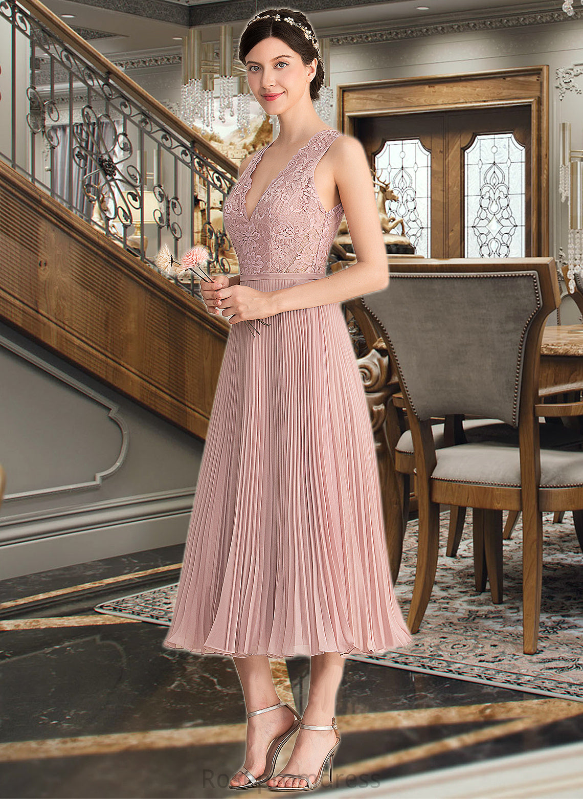 Elva A-Line V-neck Tea-Length Chiffon Lace Bridesmaid Dress With Pleated SRSP0013067