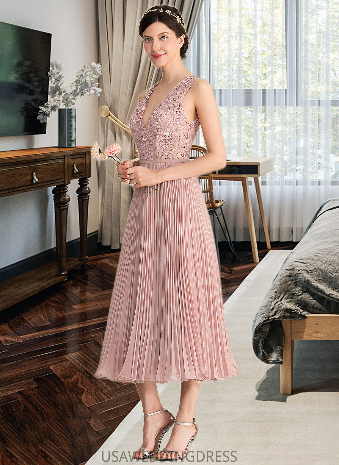 Magdalena A-Line V-neck Tea-Length Chiffon Lace Bridesmaid Dress With Pleated DSP0013067