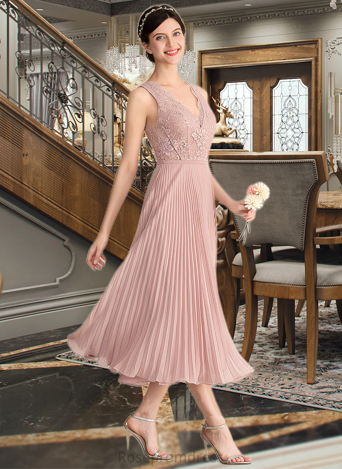 Elva A-Line V-neck Tea-Length Chiffon Lace Bridesmaid Dress With Pleated SRSP0013067