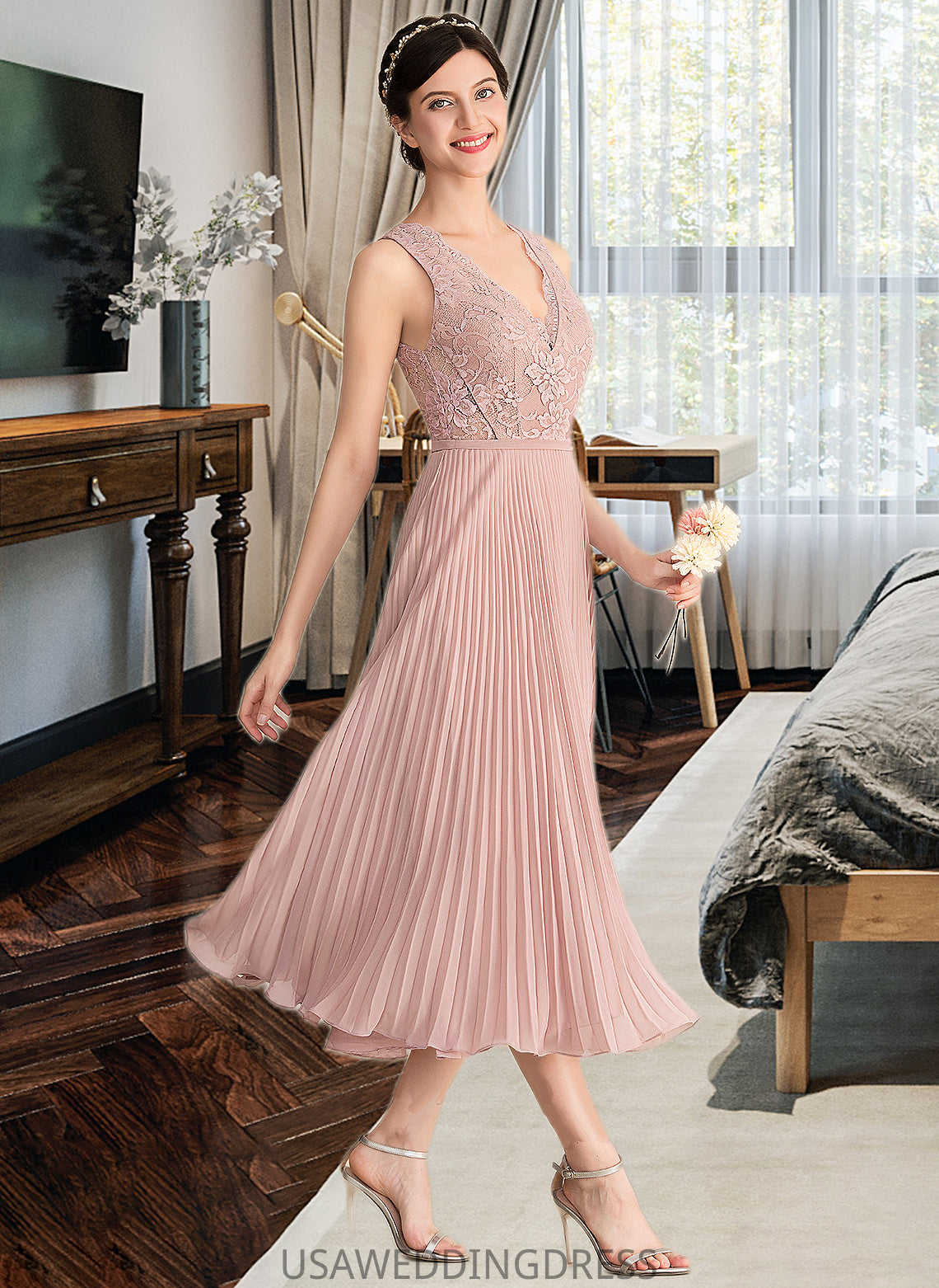 Magdalena A-Line V-neck Tea-Length Chiffon Lace Bridesmaid Dress With Pleated DSP0013067