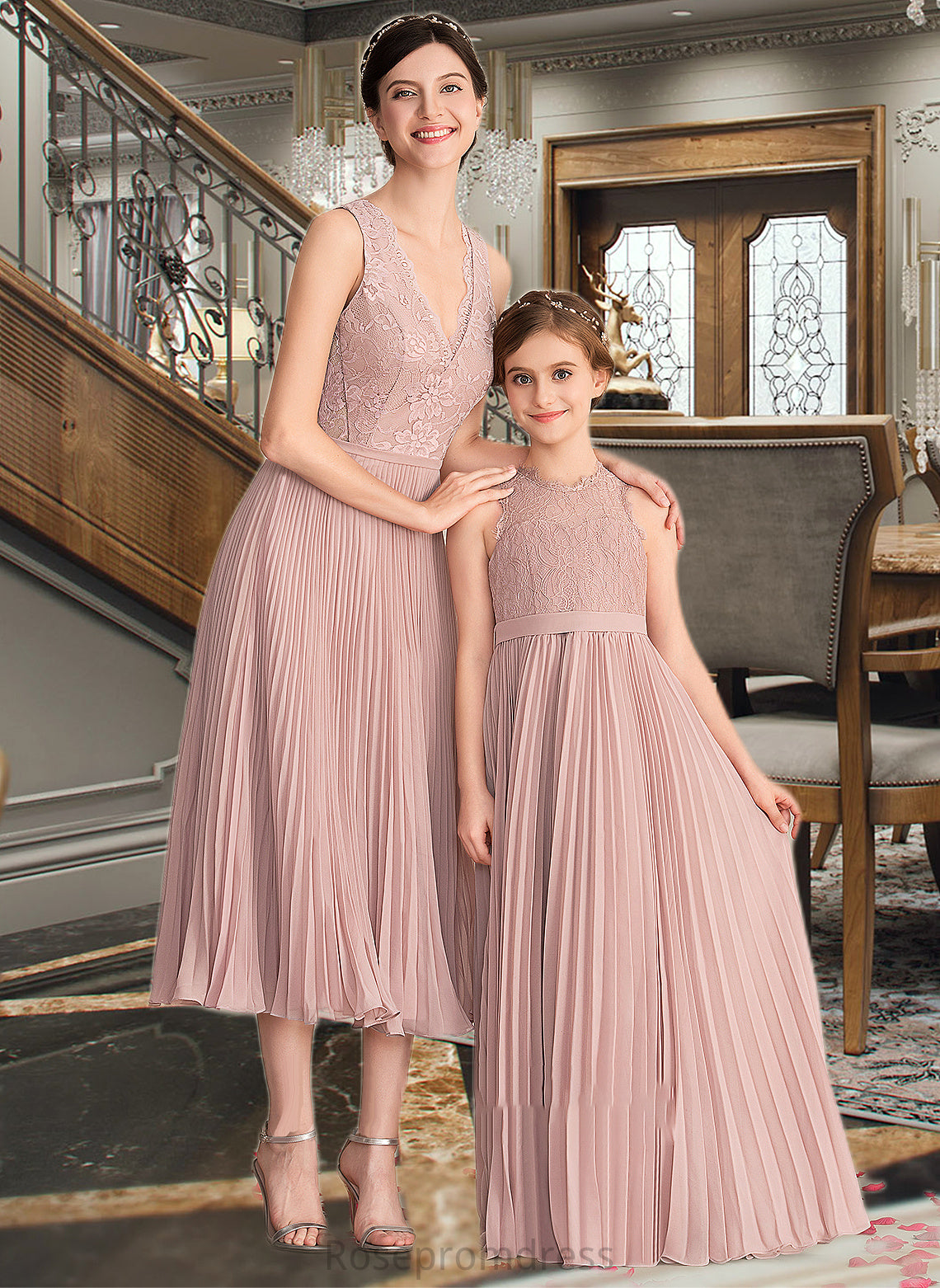 Elva A-Line V-neck Tea-Length Chiffon Lace Bridesmaid Dress With Pleated SRSP0013067