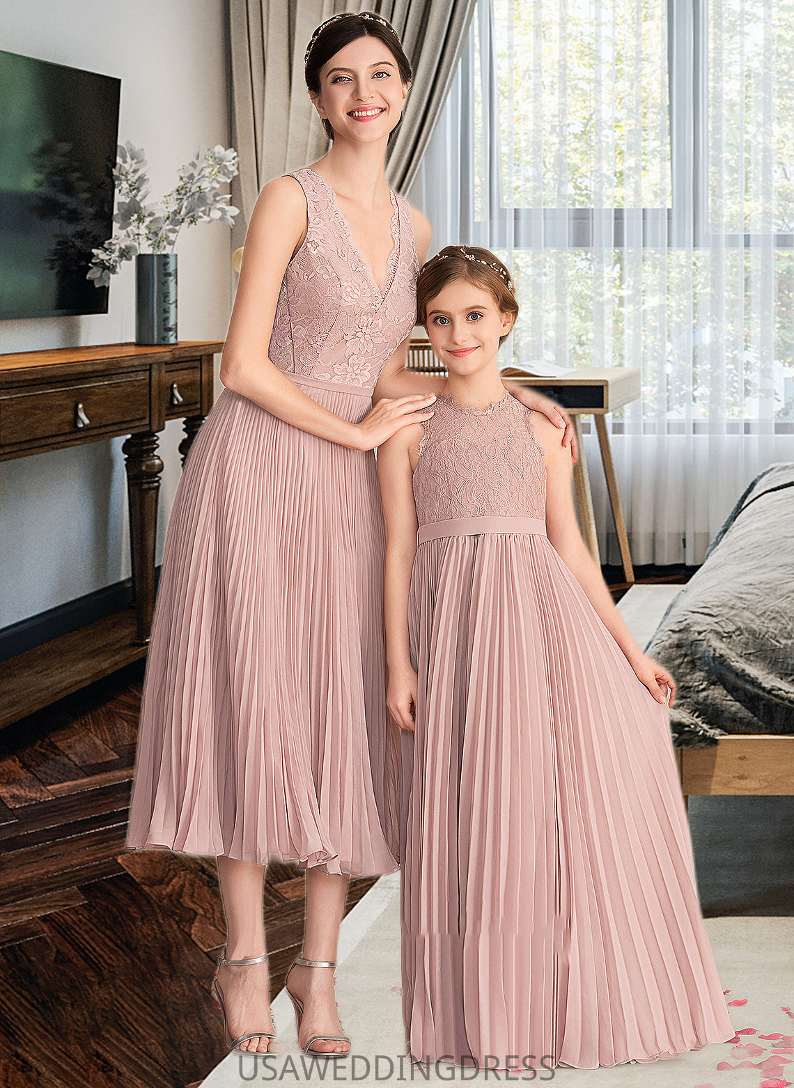 Magdalena A-Line V-neck Tea-Length Chiffon Lace Bridesmaid Dress With Pleated DSP0013067