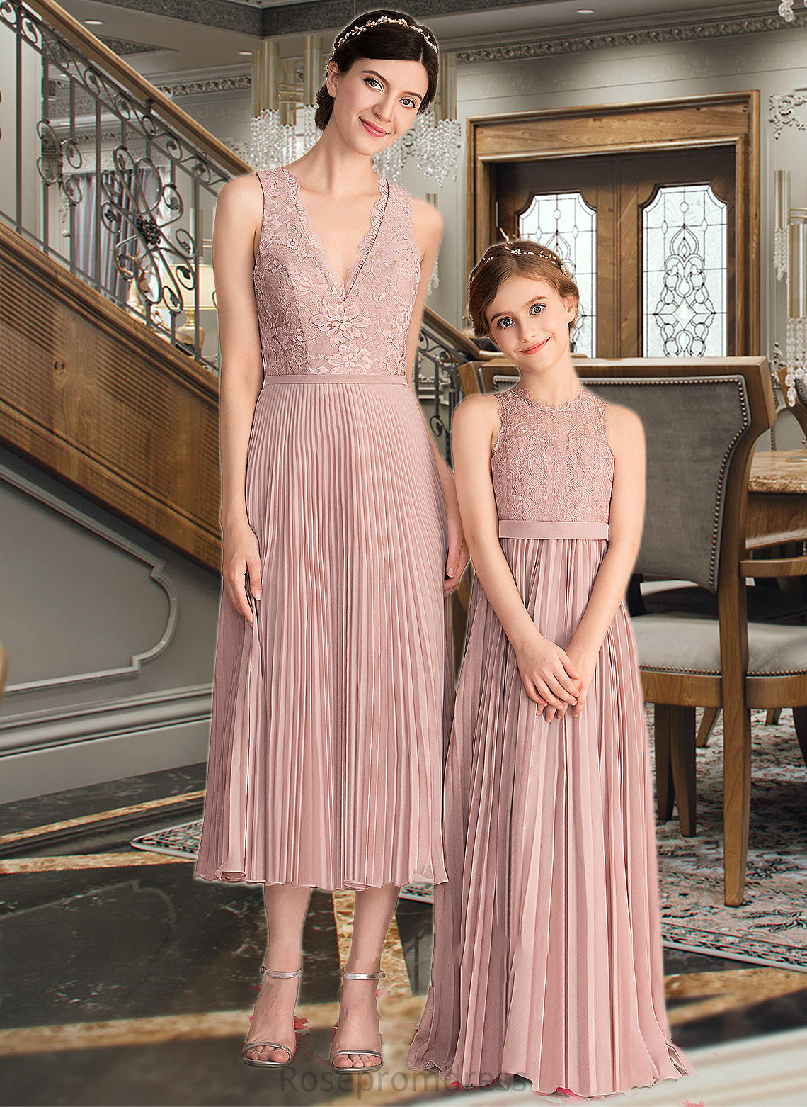 Elva A-Line V-neck Tea-Length Chiffon Lace Bridesmaid Dress With Pleated SRSP0013067
