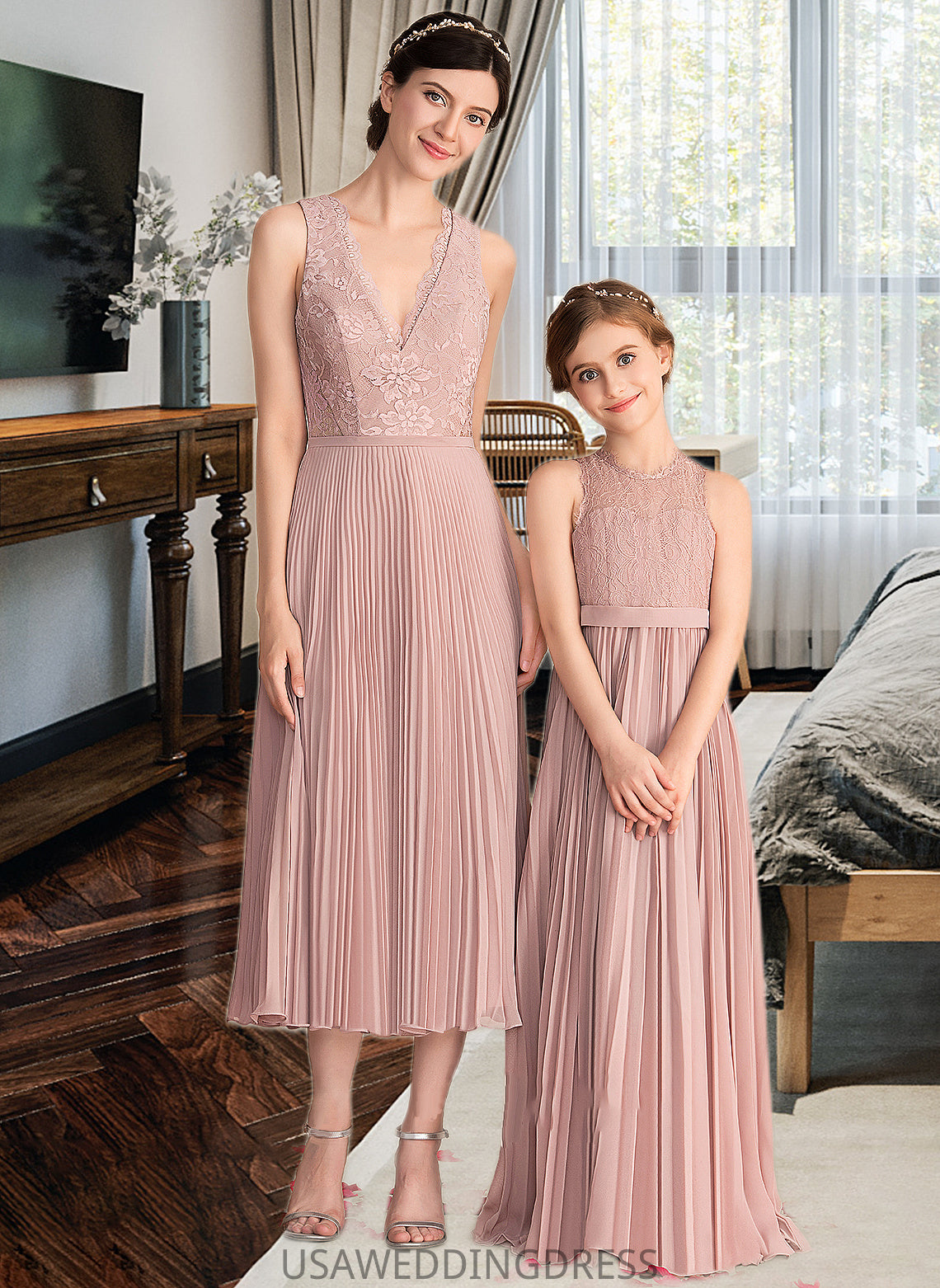 Magdalena A-Line V-neck Tea-Length Chiffon Lace Bridesmaid Dress With Pleated DSP0013067