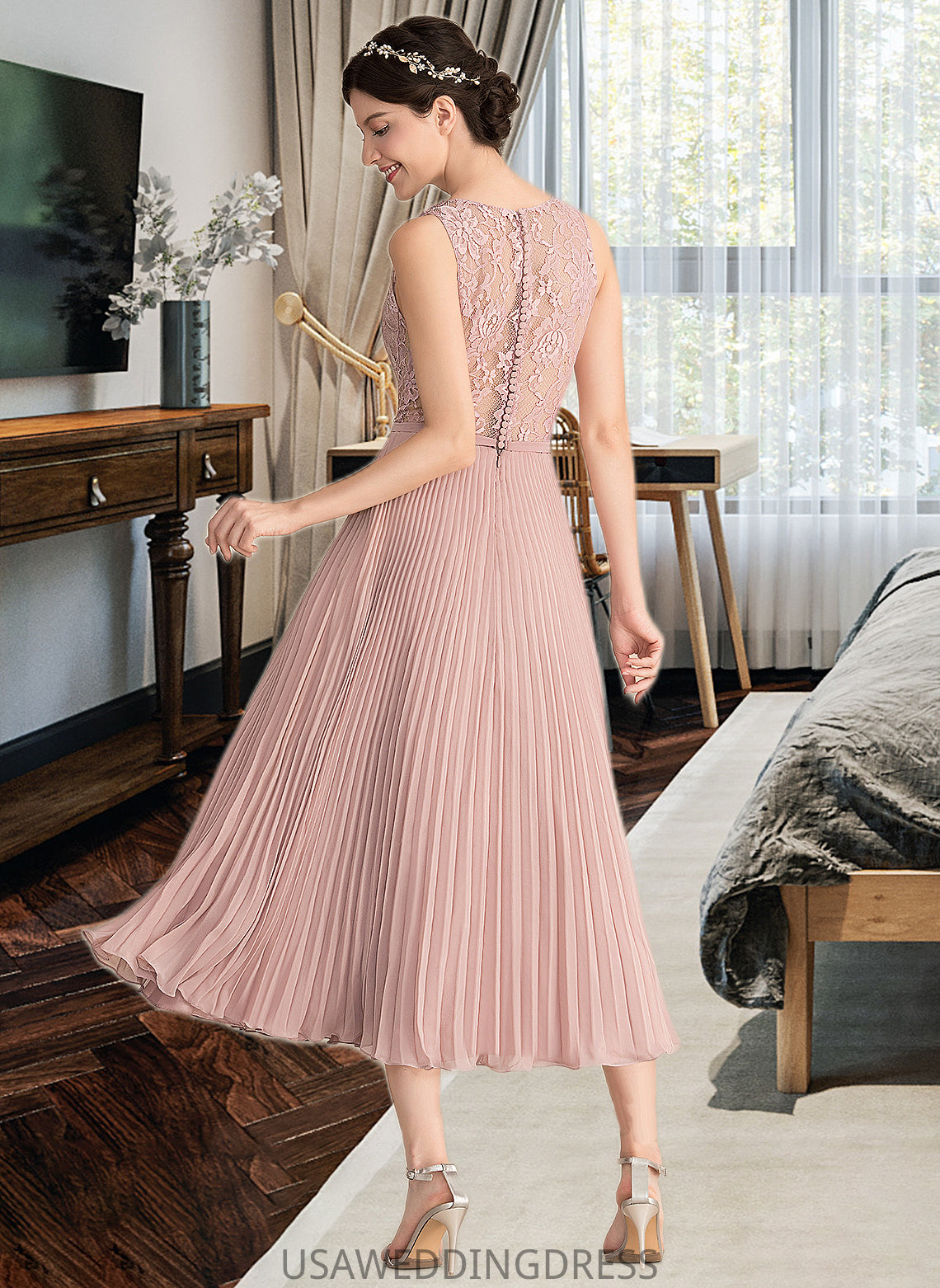 Magdalena A-Line V-neck Tea-Length Chiffon Lace Bridesmaid Dress With Pleated DSP0013067