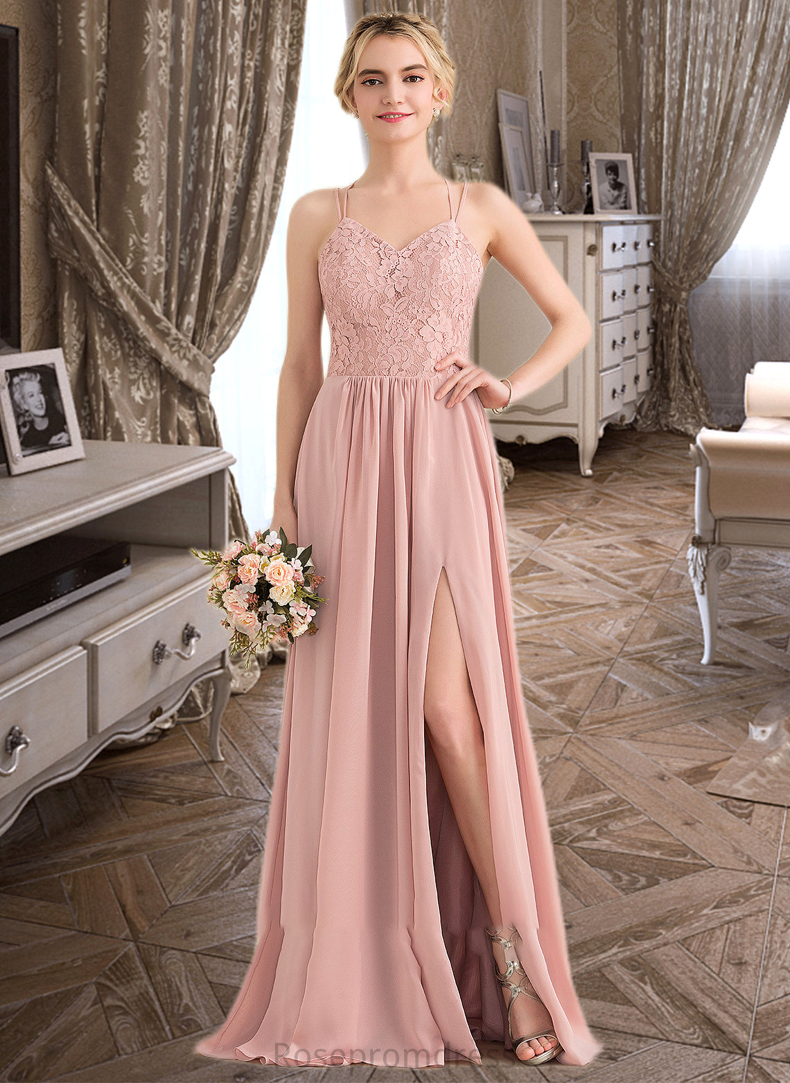 Tessa A-Line Sweetheart Floor-Length Chiffon Lace Bridesmaid Dress With Split Front SRSP0013068
