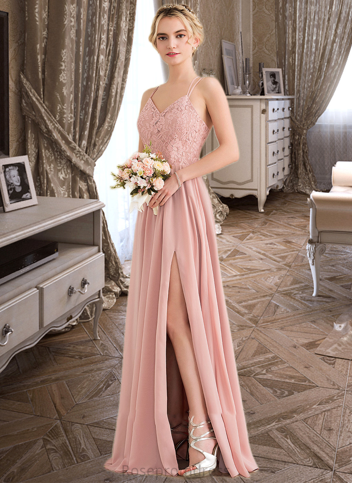 Tessa A-Line Sweetheart Floor-Length Chiffon Lace Bridesmaid Dress With Split Front SRSP0013068