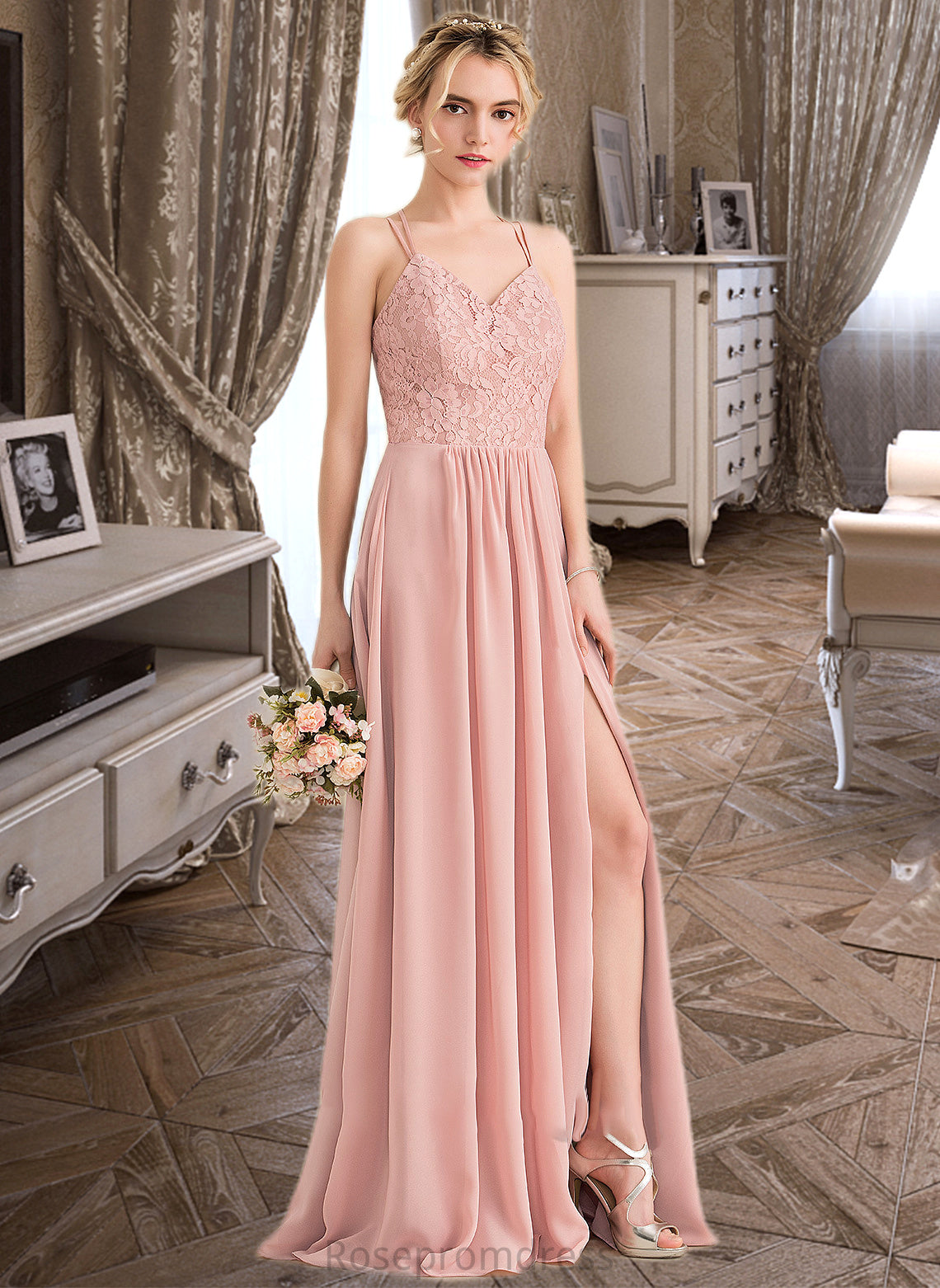 Tessa A-Line Sweetheart Floor-Length Chiffon Lace Bridesmaid Dress With Split Front SRSP0013068