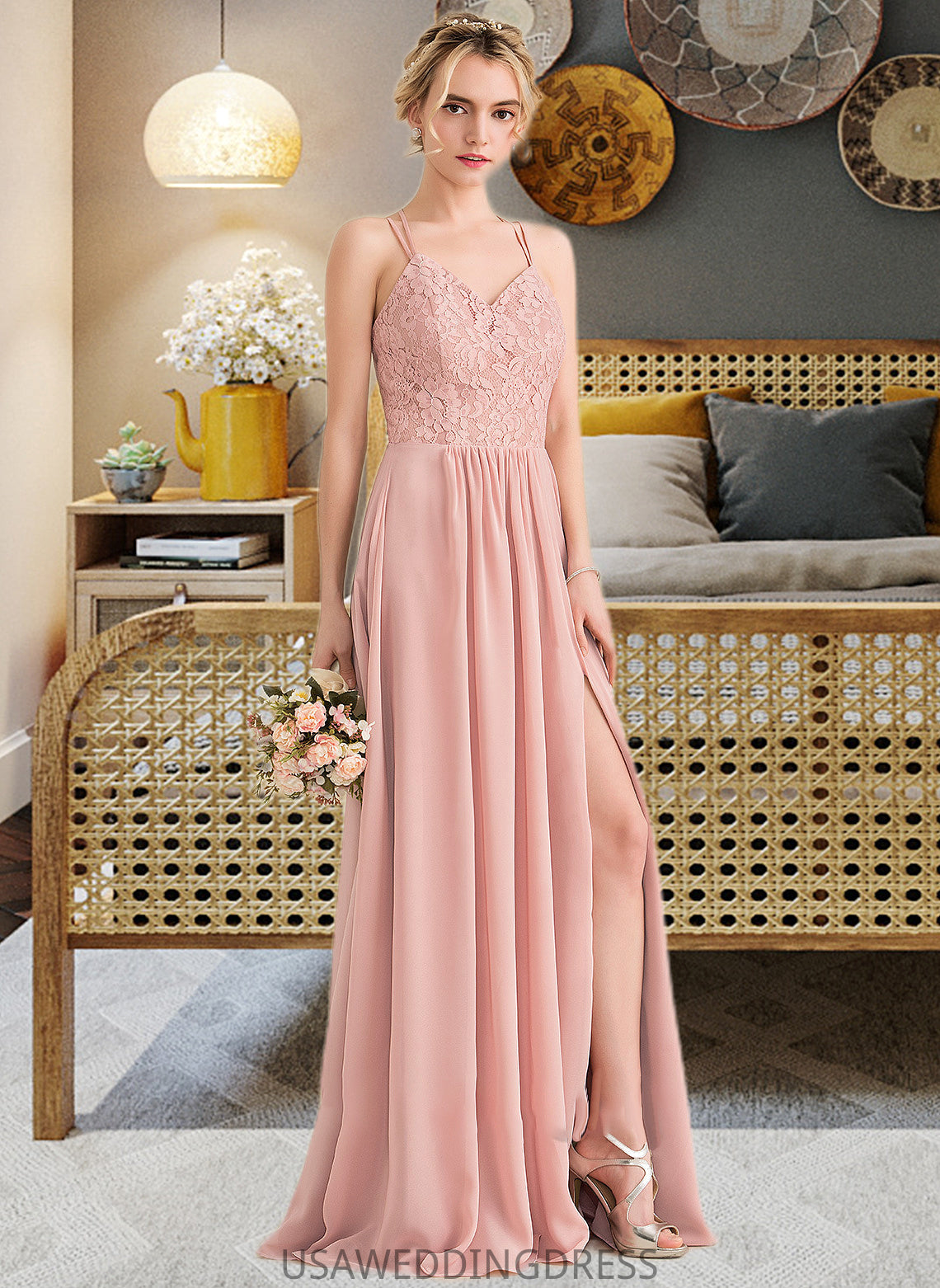 Aylin A-Line Sweetheart Floor-Length Chiffon Lace Bridesmaid Dress With Split Front DSP0013068