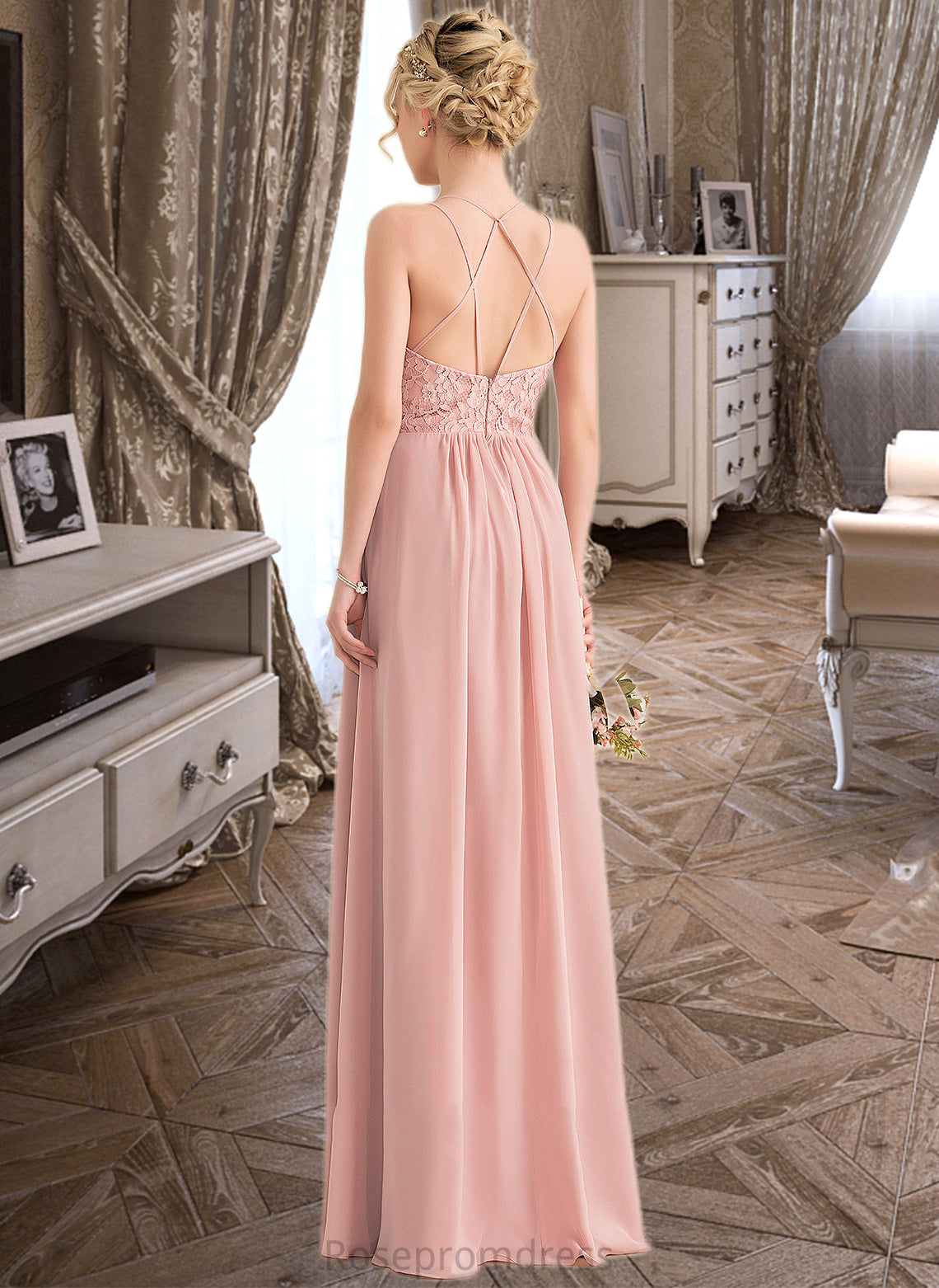 Tessa A-Line Sweetheart Floor-Length Chiffon Lace Bridesmaid Dress With Split Front SRSP0013068