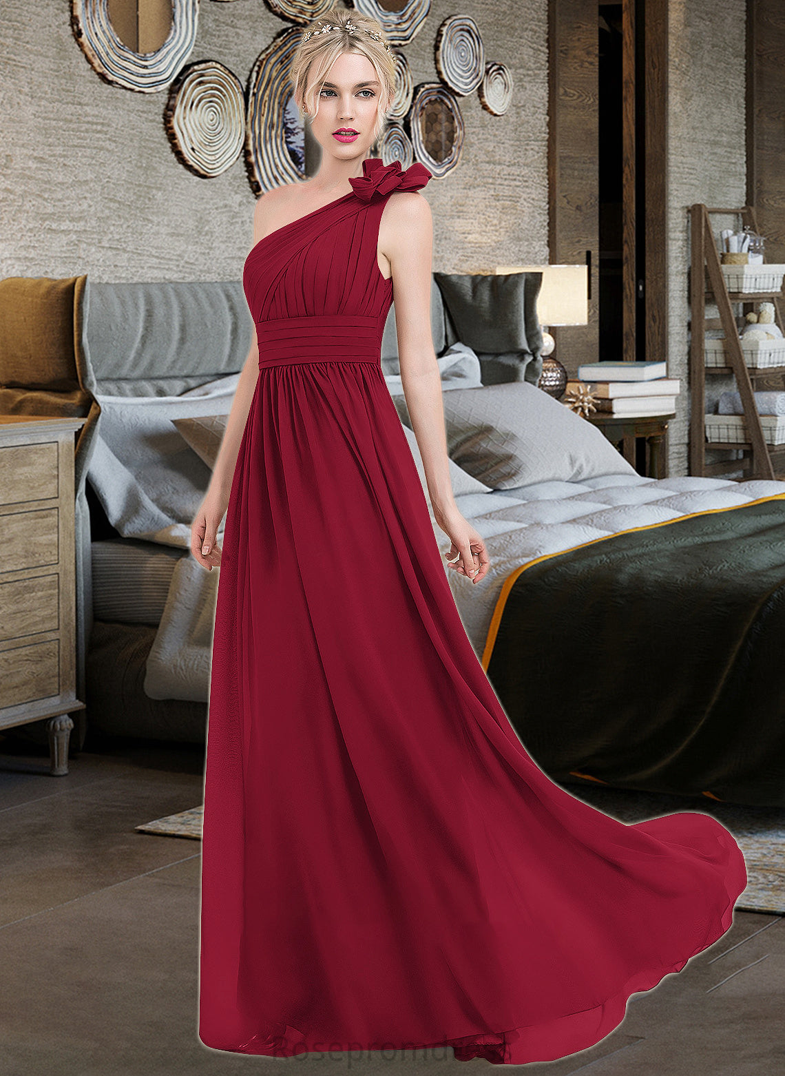 Alia A-Line One-Shoulder Floor-Length Chiffon Bridesmaid Dress With Ruffle Flower(s) SRSP0013069
