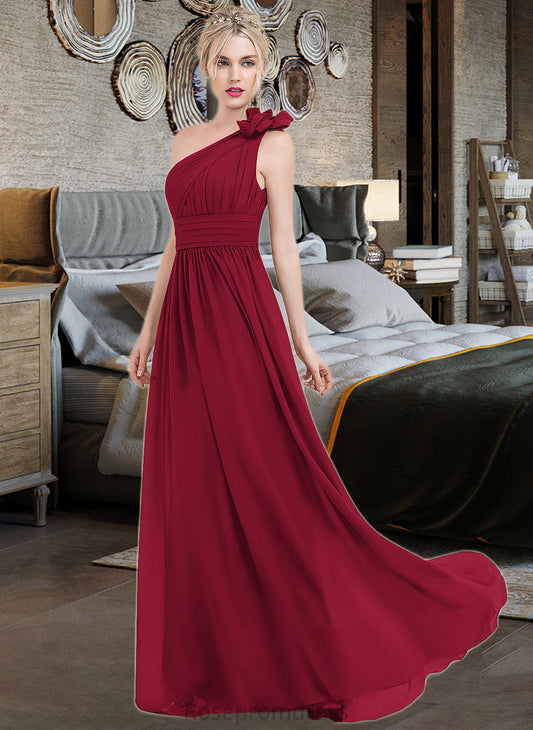 Alia A-Line One-Shoulder Floor-Length Chiffon Bridesmaid Dress With Ruffle Flower(s) SRSP0013069