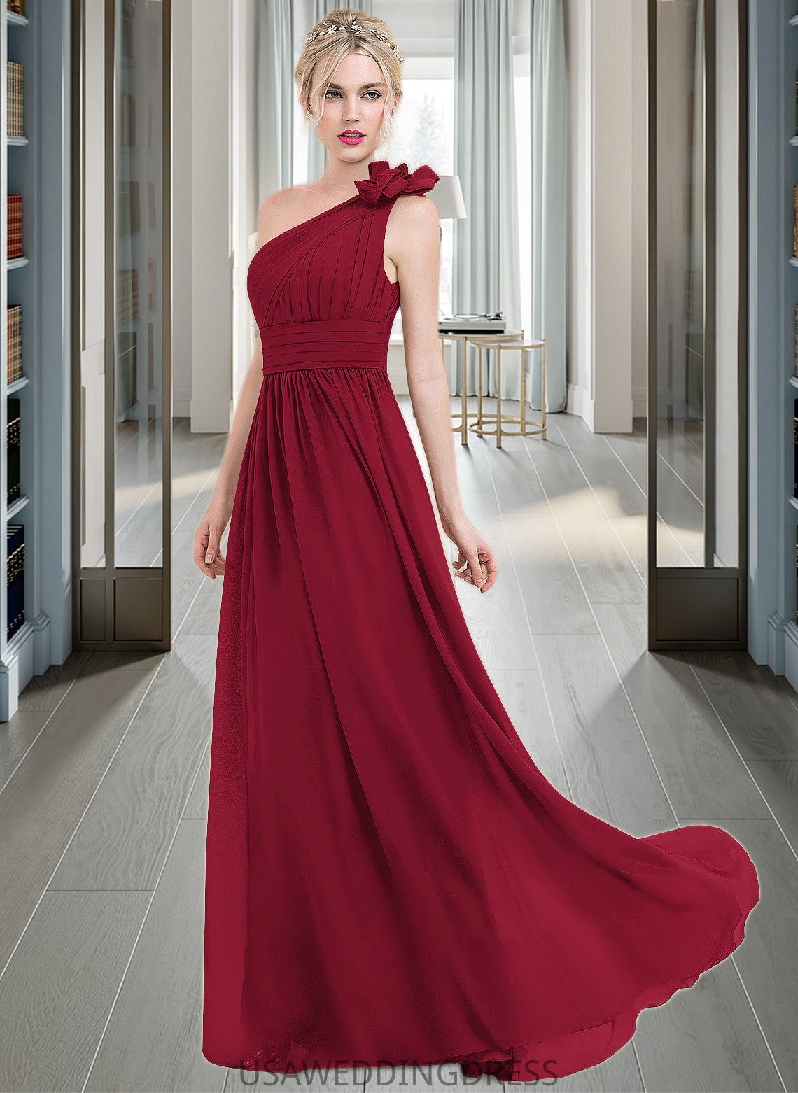 Ciara A-Line One-Shoulder Floor-Length Chiffon Bridesmaid Dress With Ruffle Flower(s) DSP0013069
