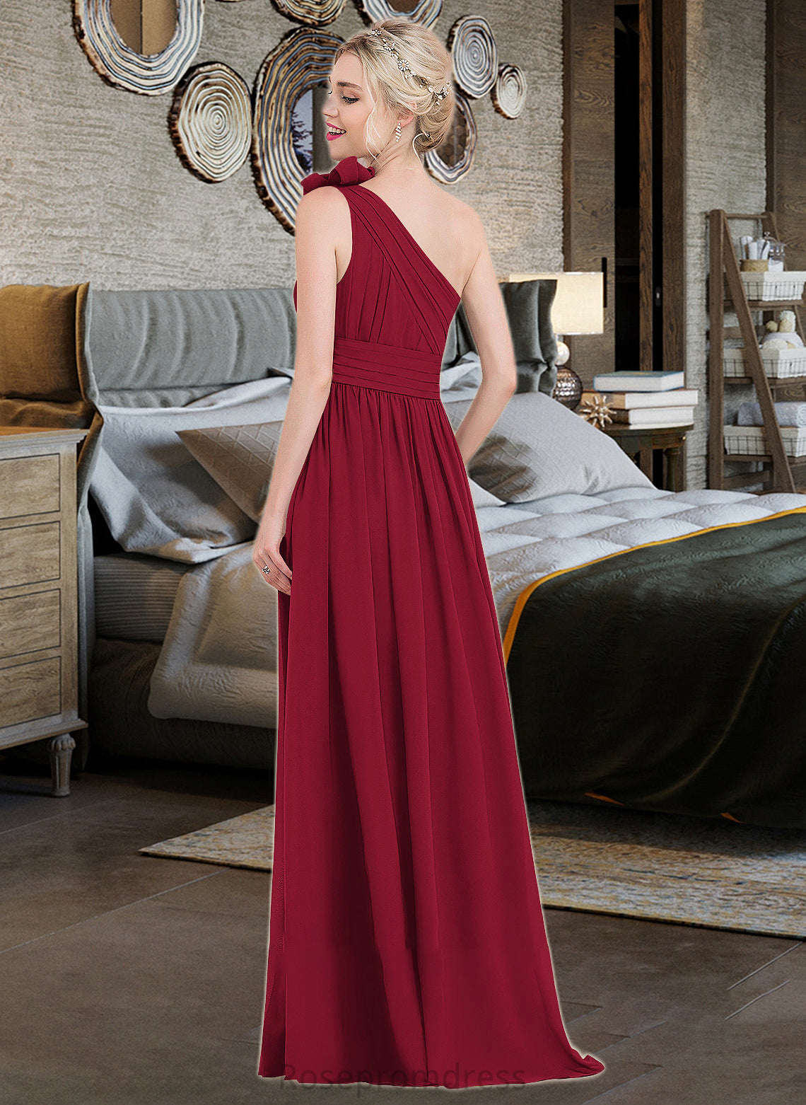 Alia A-Line One-Shoulder Floor-Length Chiffon Bridesmaid Dress With Ruffle Flower(s) SRSP0013069